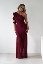 Stephanie Mesh Ruffle Maxi Dress Wine | Wedding Guest Dress | Maxi | Mesh | Oh Hello Clothing