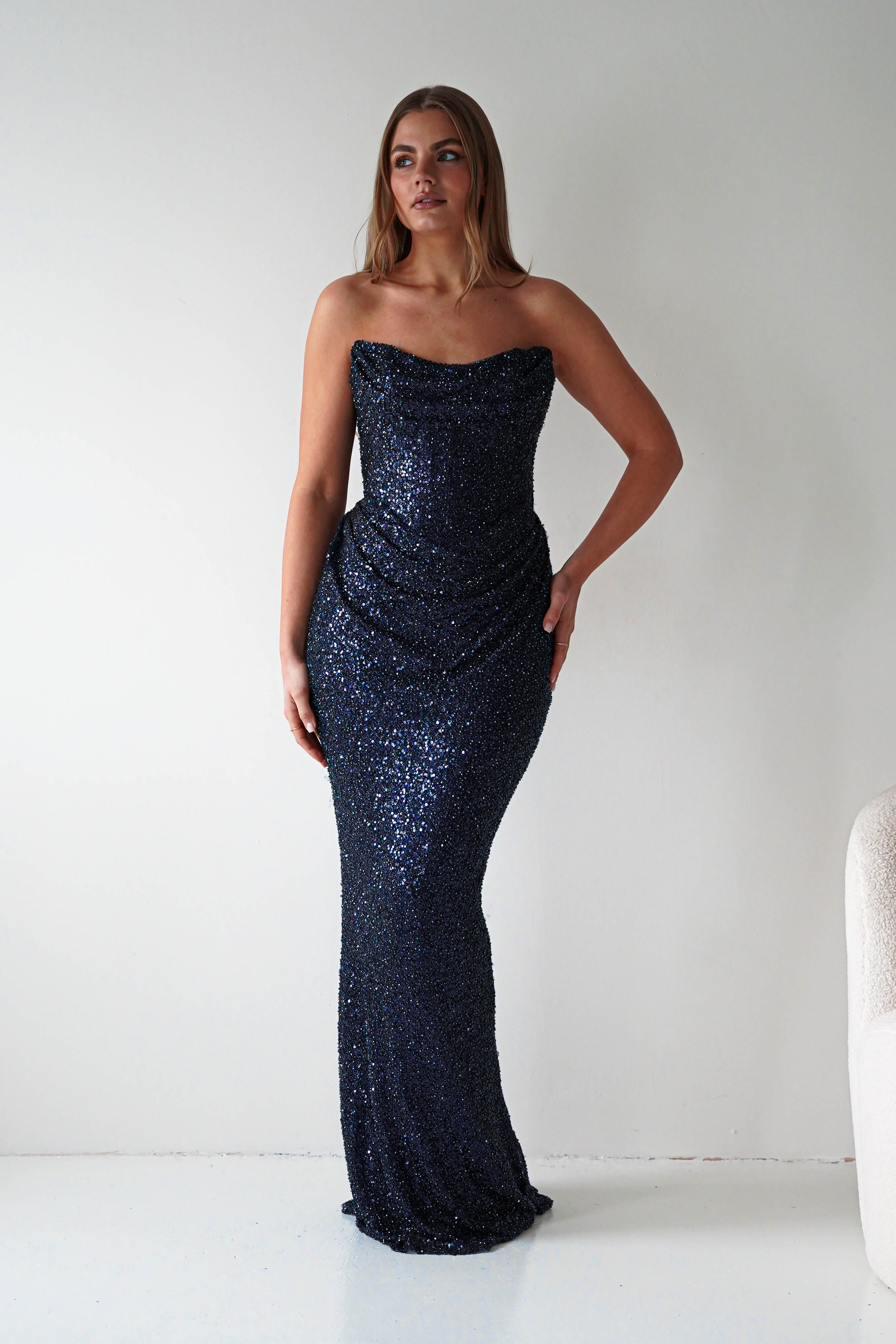 Oh Hello Clothing Dresses > Prom Dresses Sylvie Strapless Draped Embellished Gown | Navy