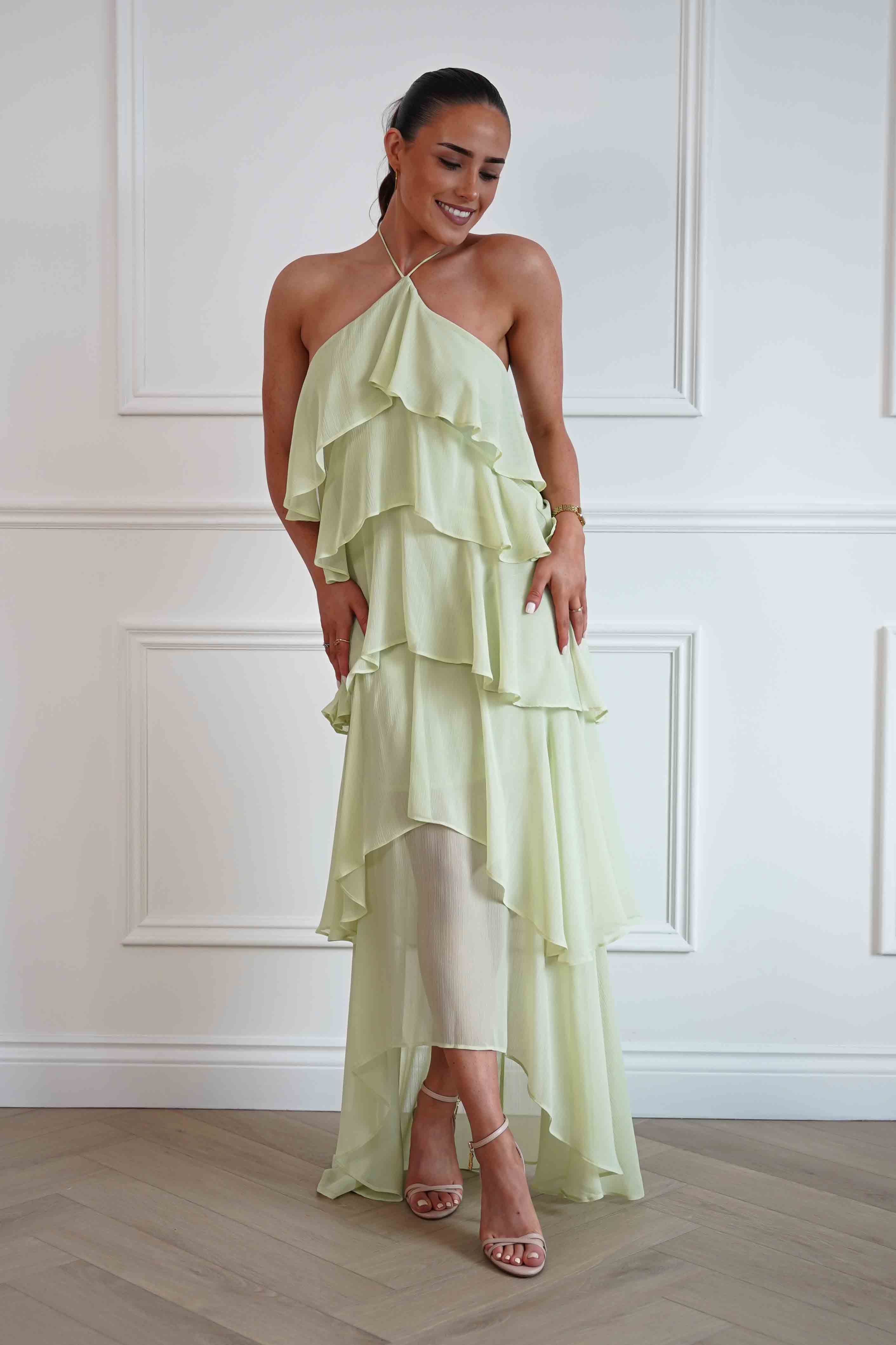 Oh Hello Clothing Women > Clothing > Dresses Tala Ruffle Tiered Halterneck Maxi Dress | Sage