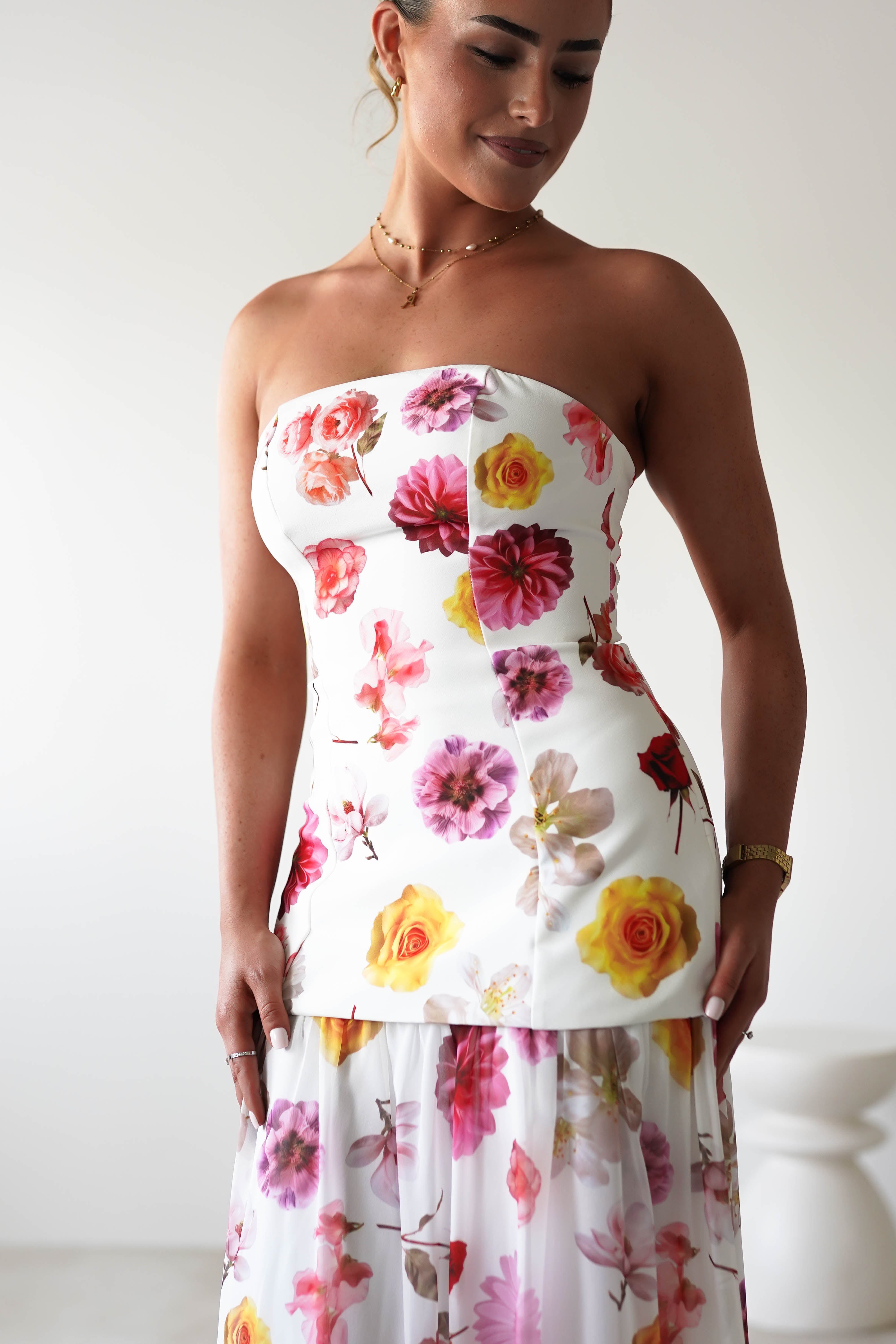 Talia Strapless Floral Print Maxi Dress | Mixed Print | Oh Hello Clothing | XS (6)