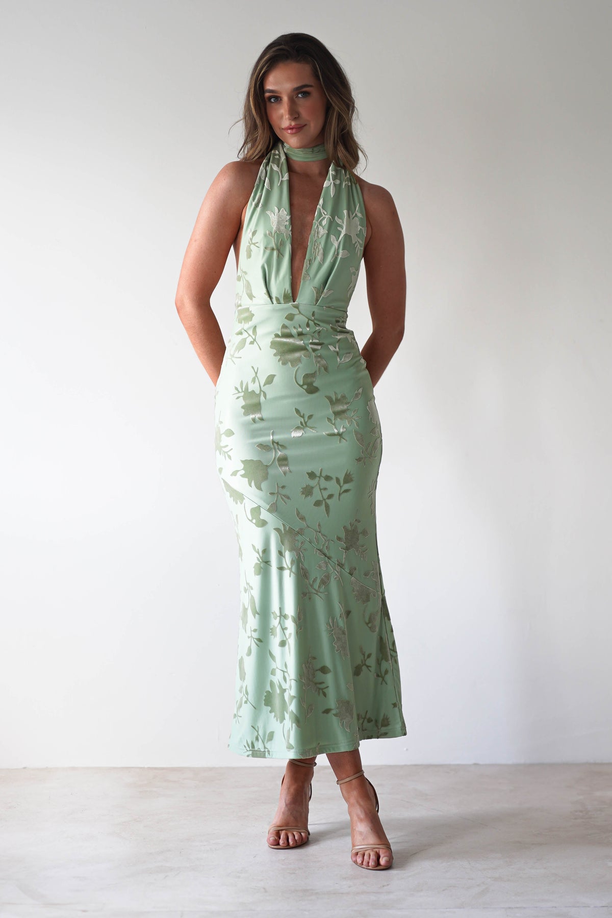Tara Floral Jacquard Maxi Dress Light Green | Wedding Guest Dress