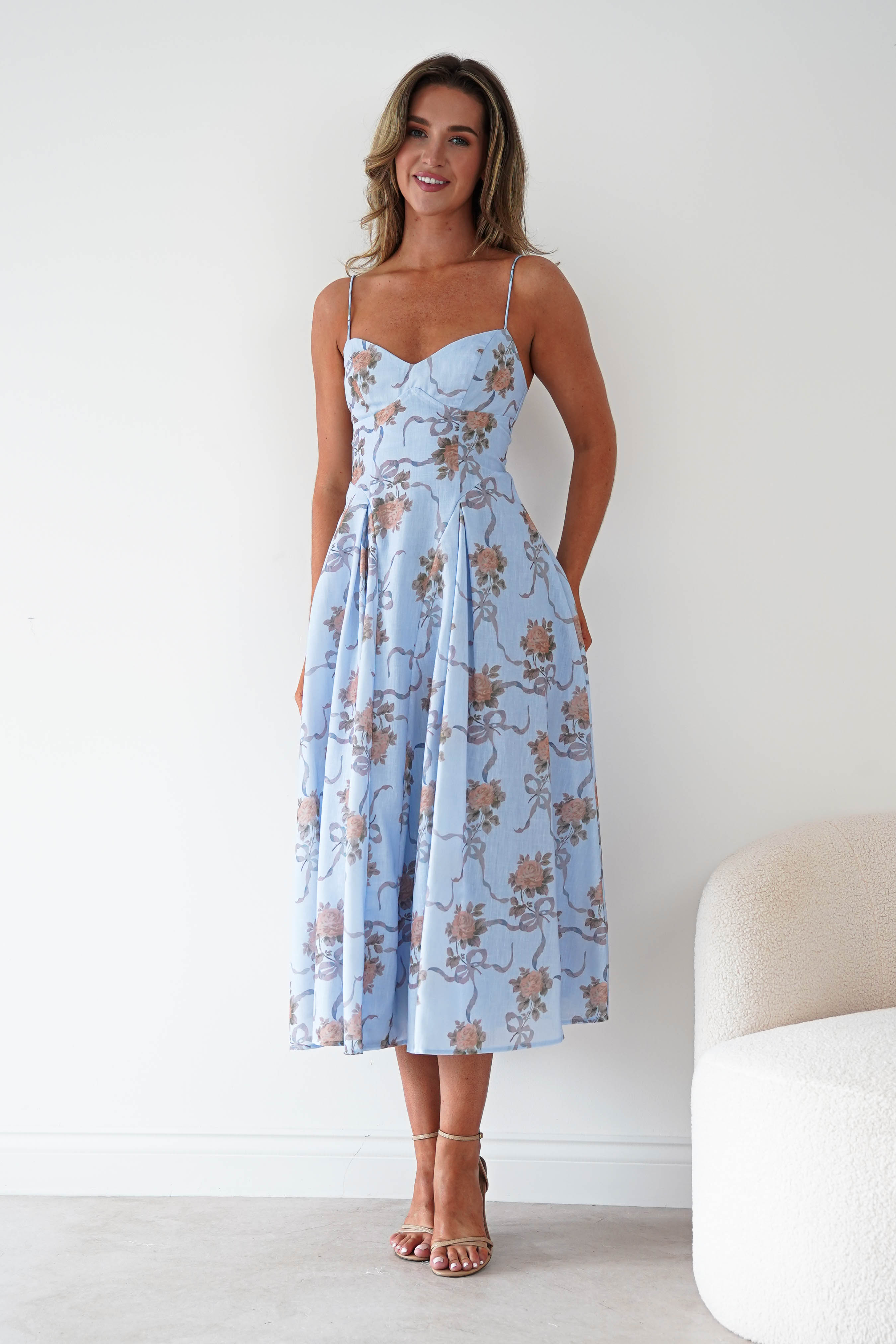 Oh Hello Clothing Women > Clothing > Dresses Tess Floral Print Skater Midaxi Dress | Blue