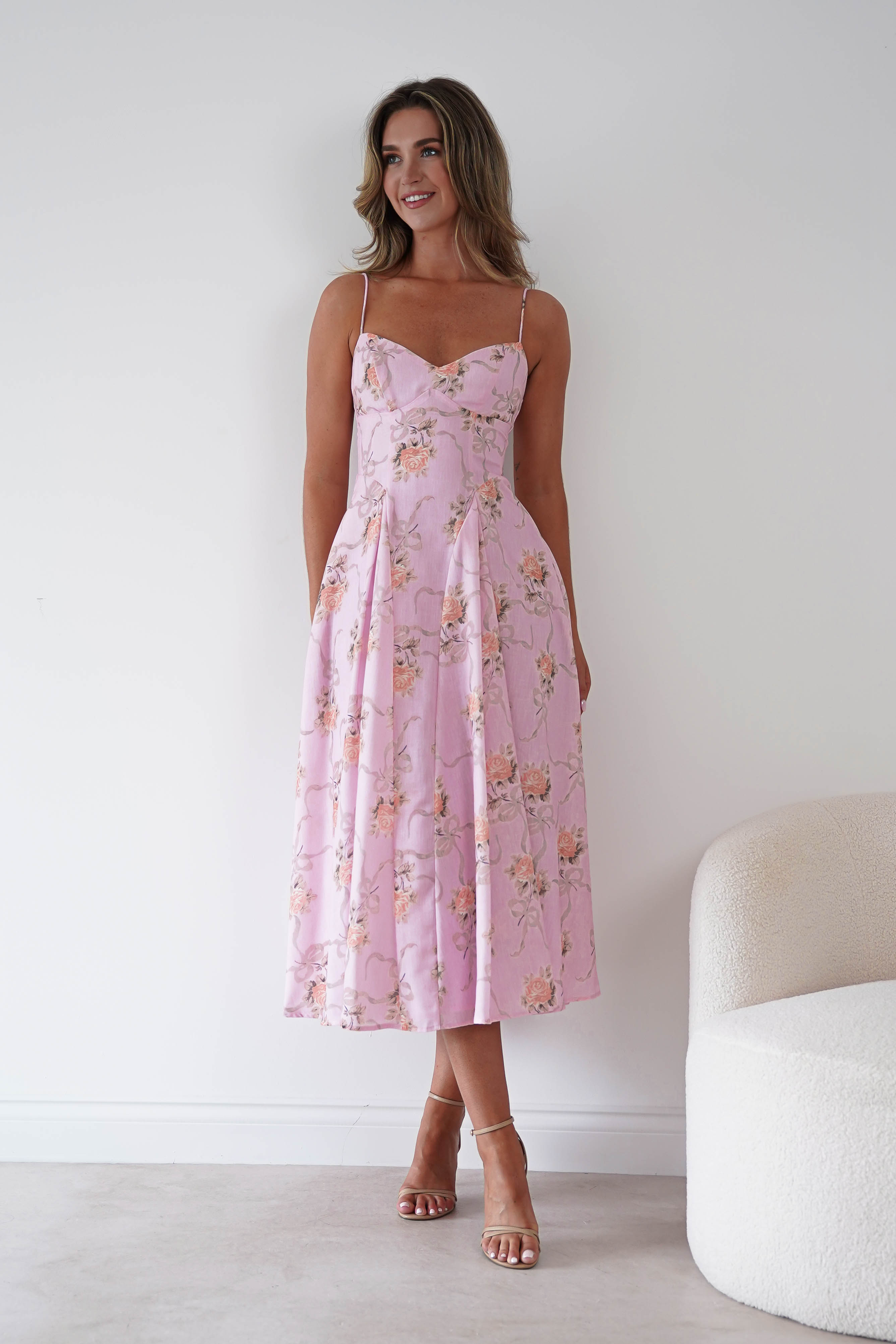 Oh Hello Clothing Women > Clothing > Dresses Tess Floral Print Skater Midaxi Dress | Pink