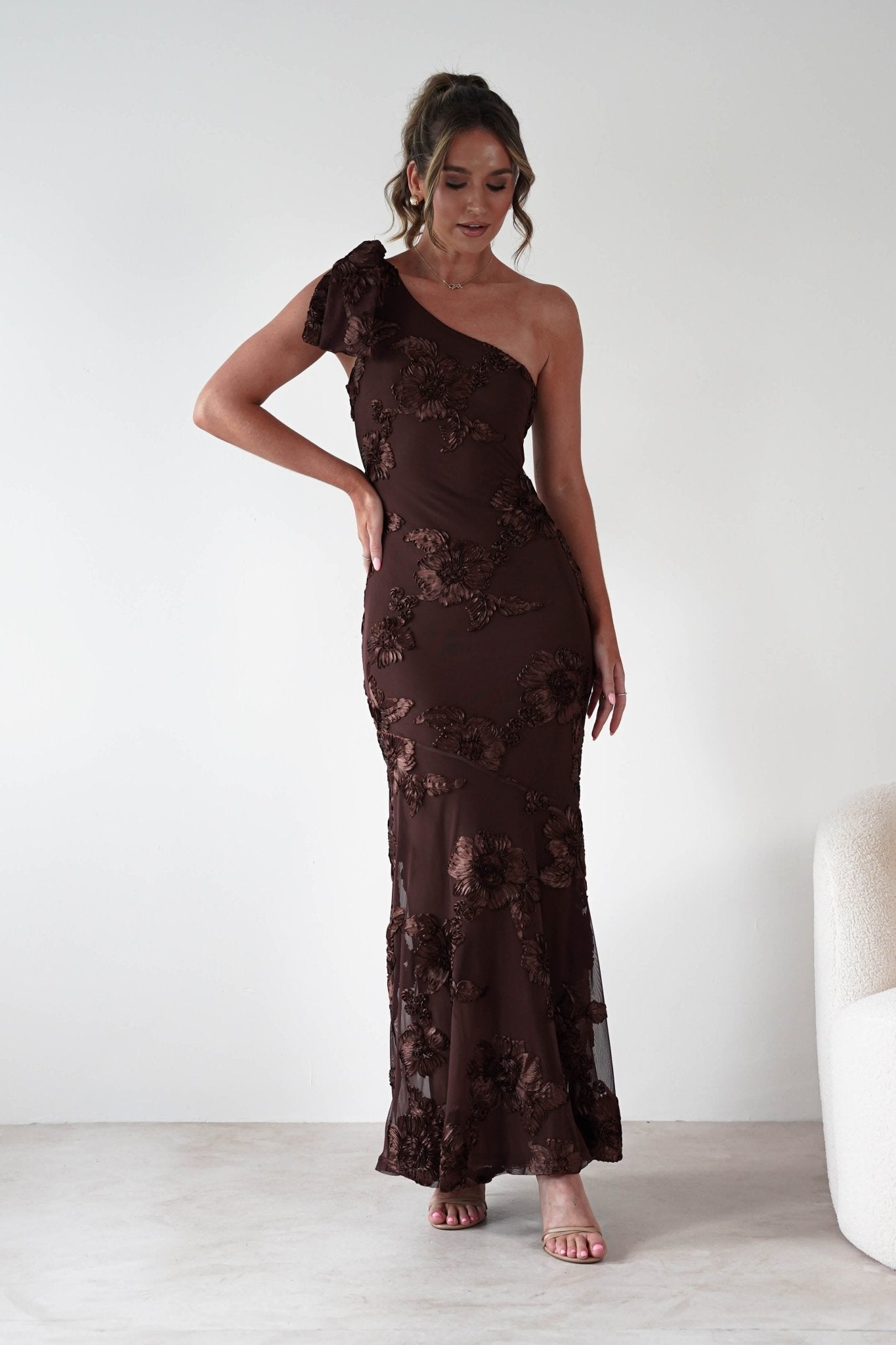 Thelma Floral Textured Maxi Dress | Brown | Oh Hello Clothing | XS (6)