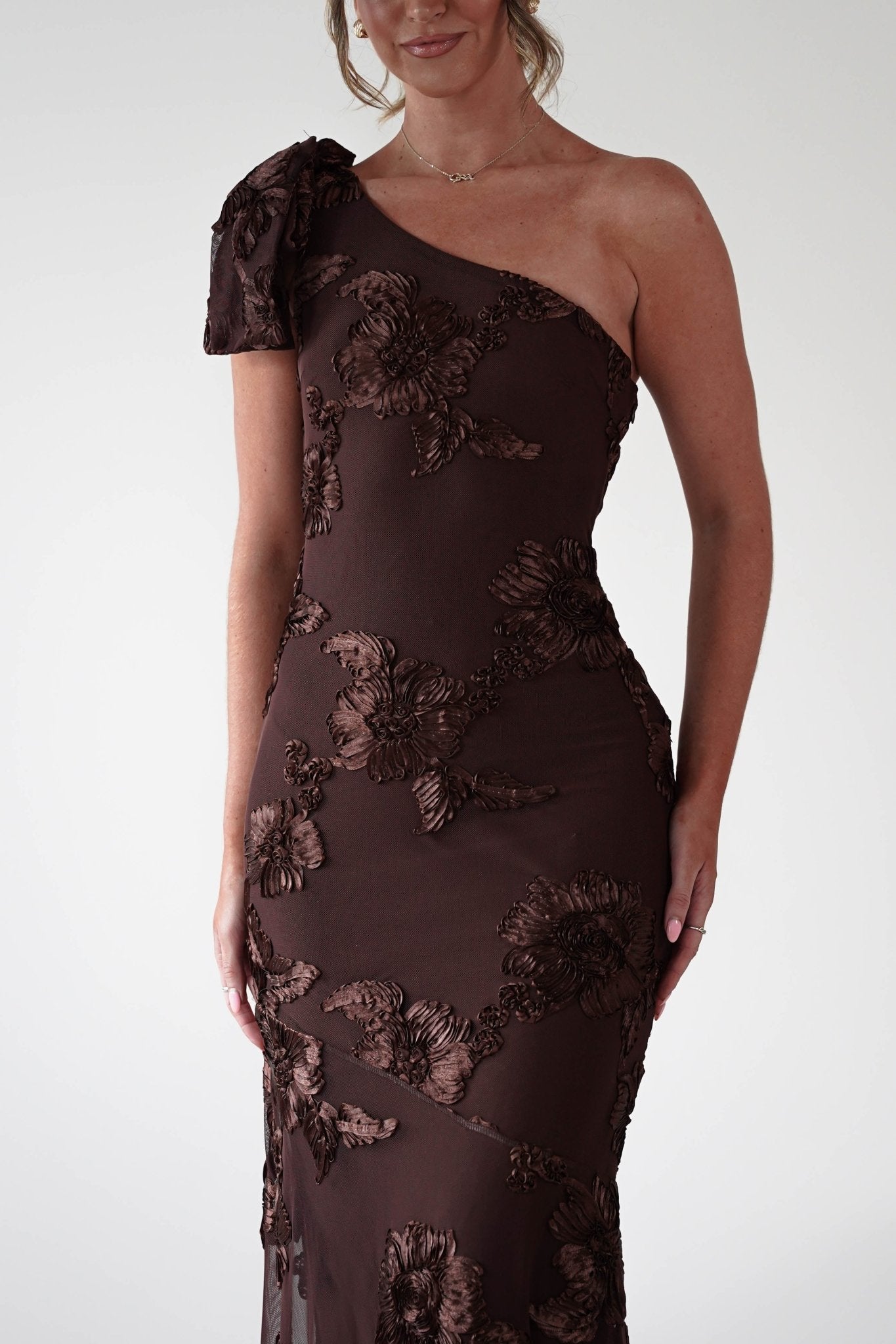 Thelma Floral Textured Maxi Dress | Brown | Oh Hello Clothing | XS (6)