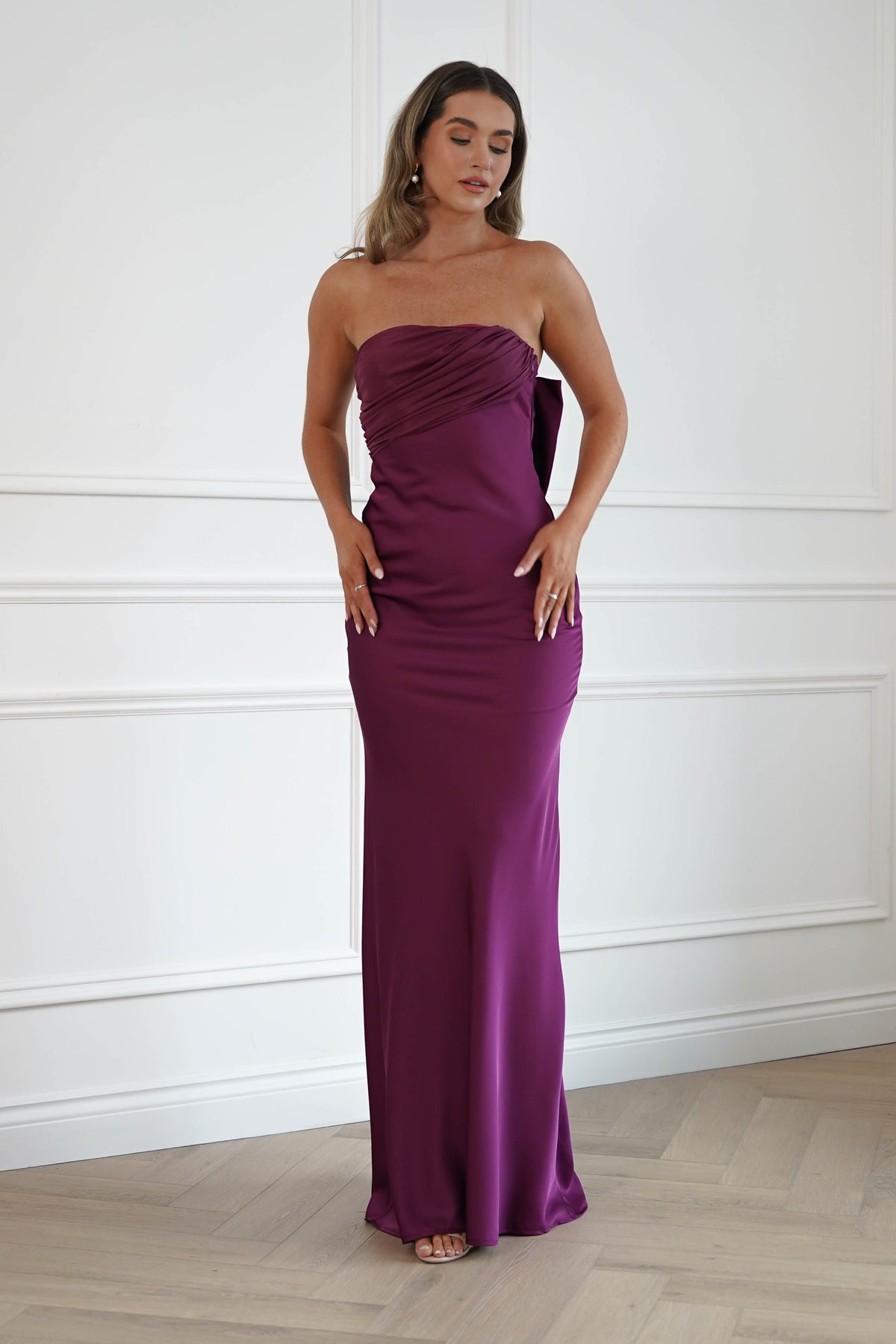 Oh Hello Clothing Dresses > Prom Dresses Therese Bow Detail Satin Maxi Dress | Plum