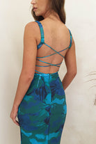 SASHA Wedding Guest Dresses Tionna Backless Midi Dress | Green/Blue Print