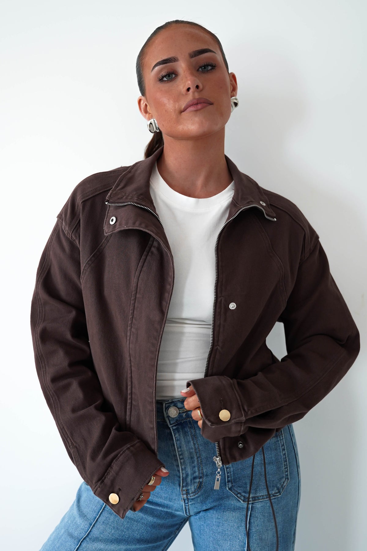 Trinity Buttoned Denim Jacket | Brown-Oh Hello Clothing