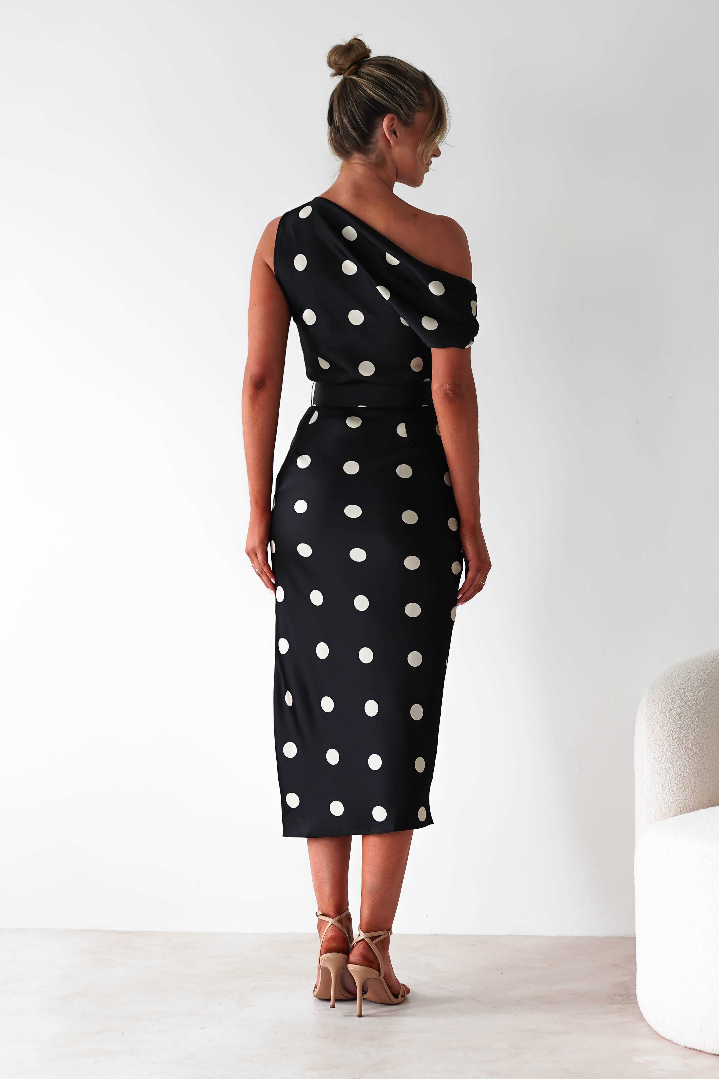 Valora Polka Dot Satin Midi Dress | Black | Oh Hello Clothing | S (8)
