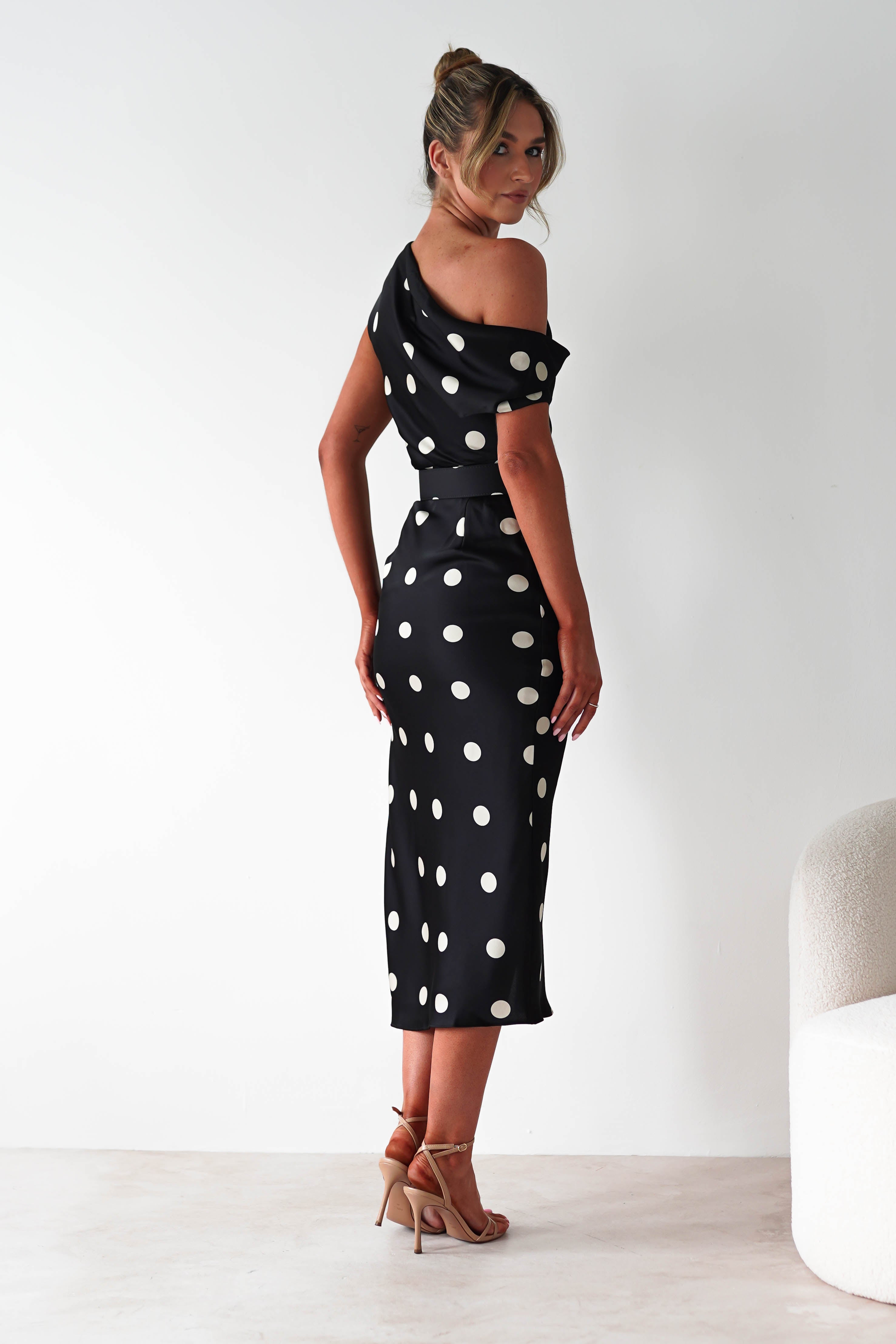 Valora Polka Dot Satin Midi Dress | Black | Oh Hello Clothing | S (8)