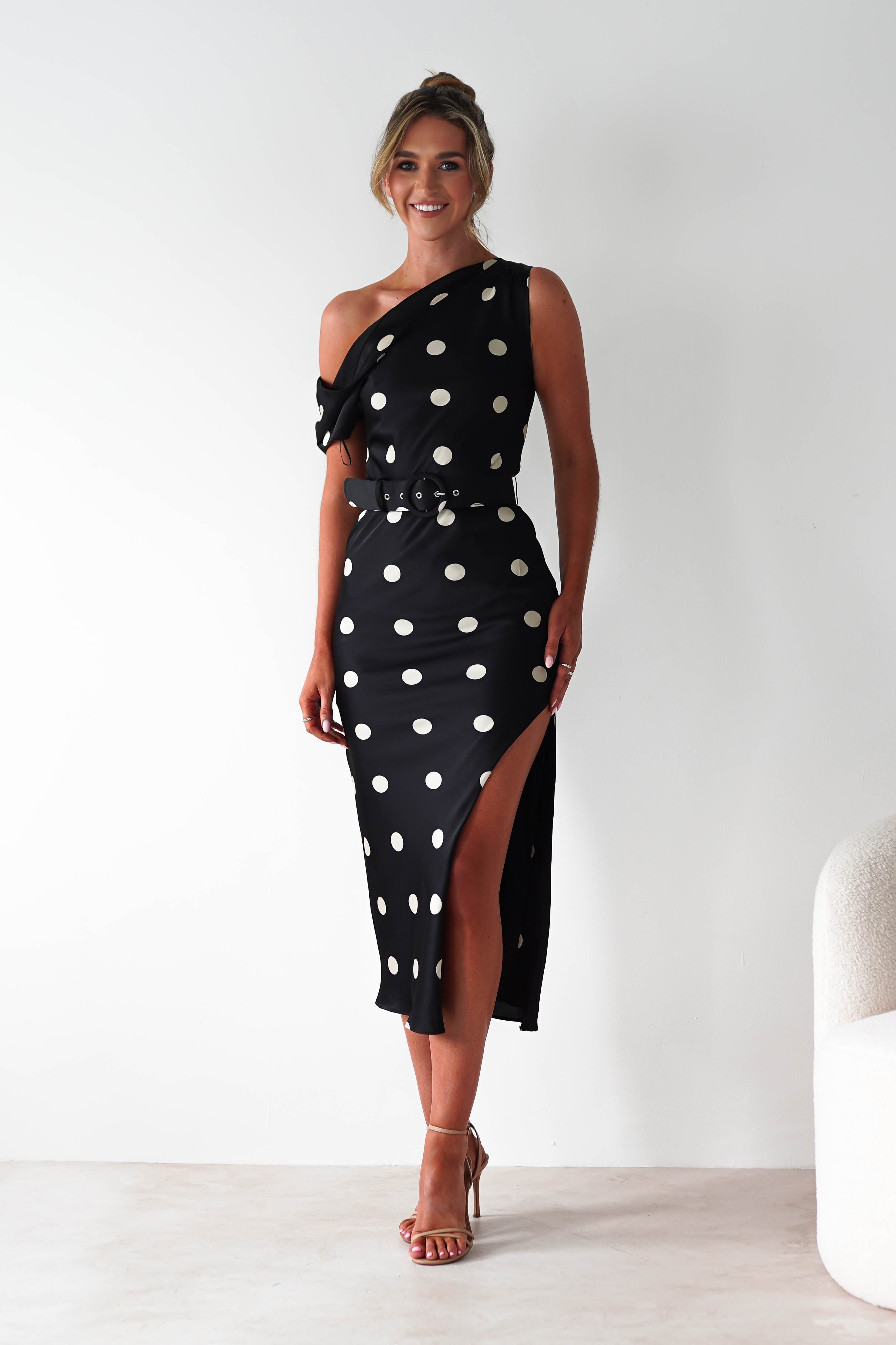 Valora Polka Dot Satin Midi Dress | Black | Oh Hello Clothing | S (8)