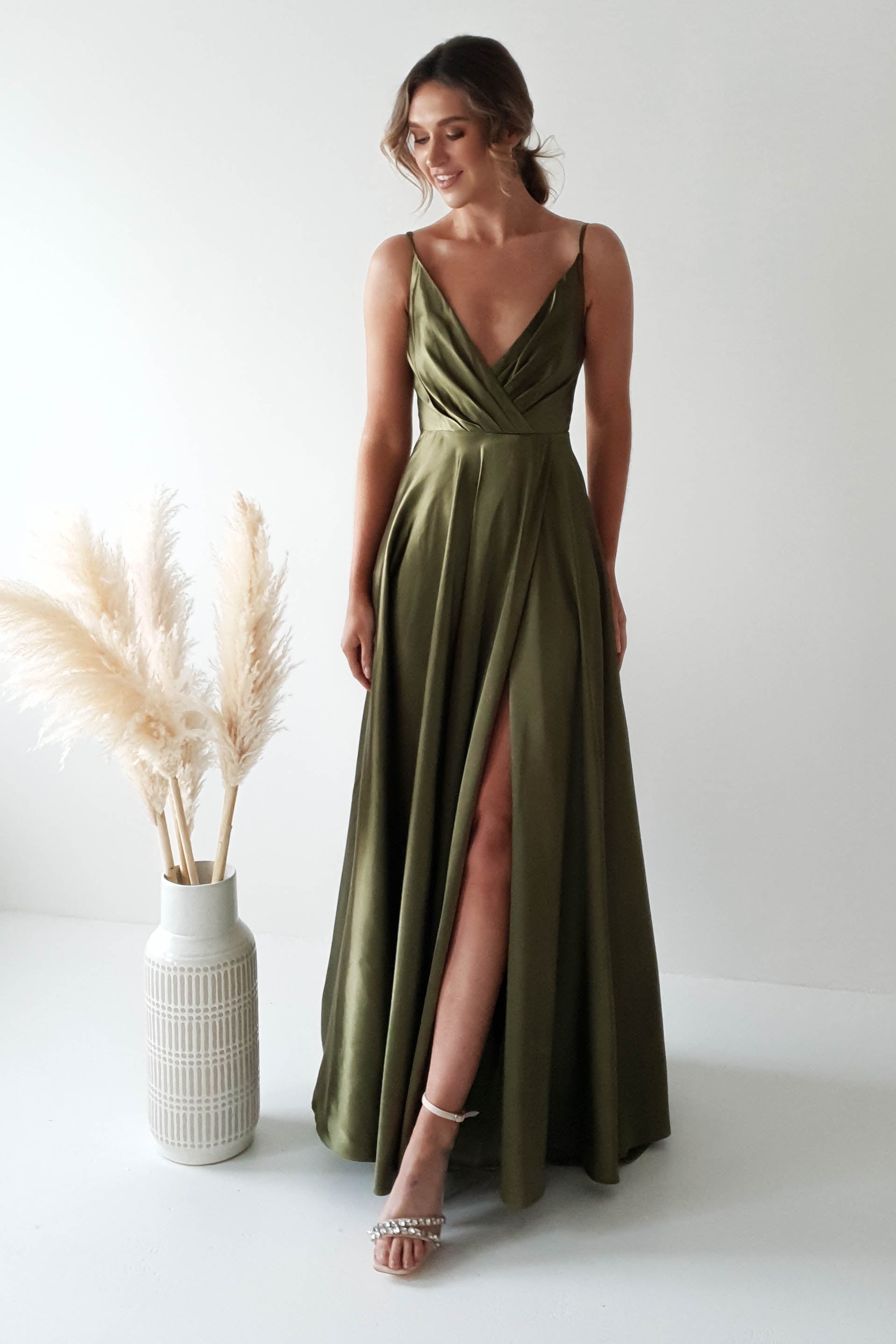 Velia Satin Maxi Gown | Dark Olive