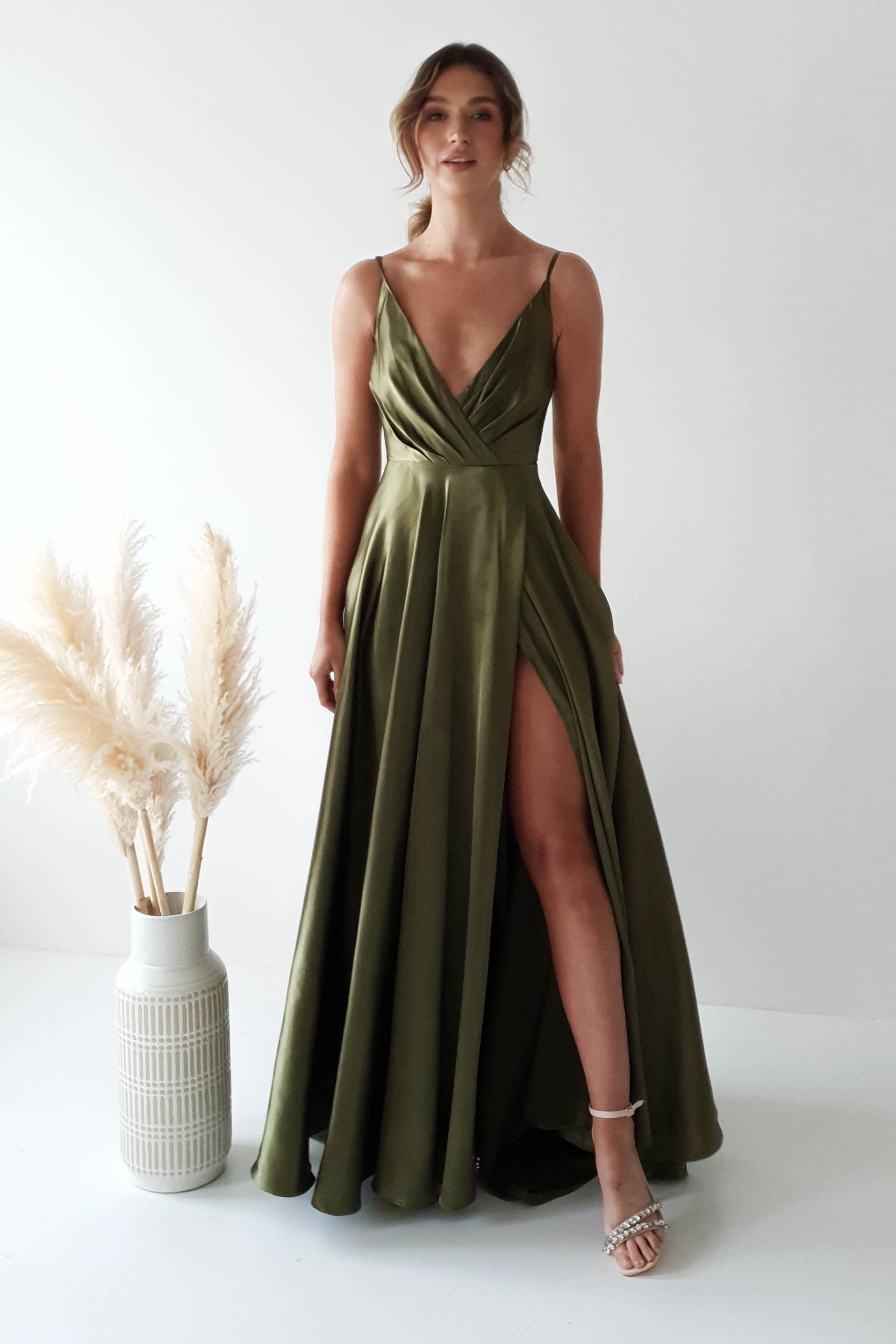 Velia Satin Maxi Gown | Dark Olive