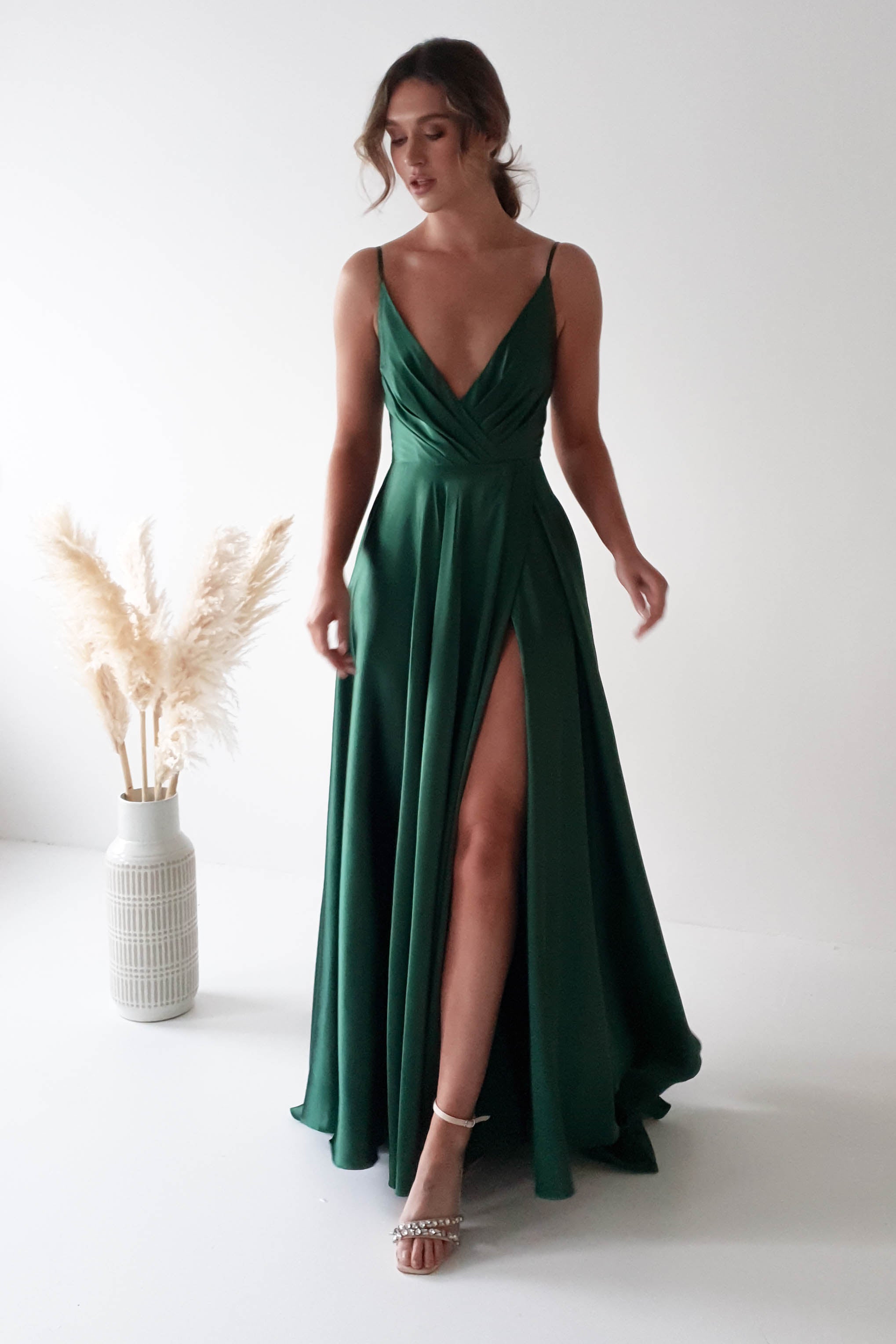 Sage Green Slip Evening Dresses Long Adjustable Straps A Line High