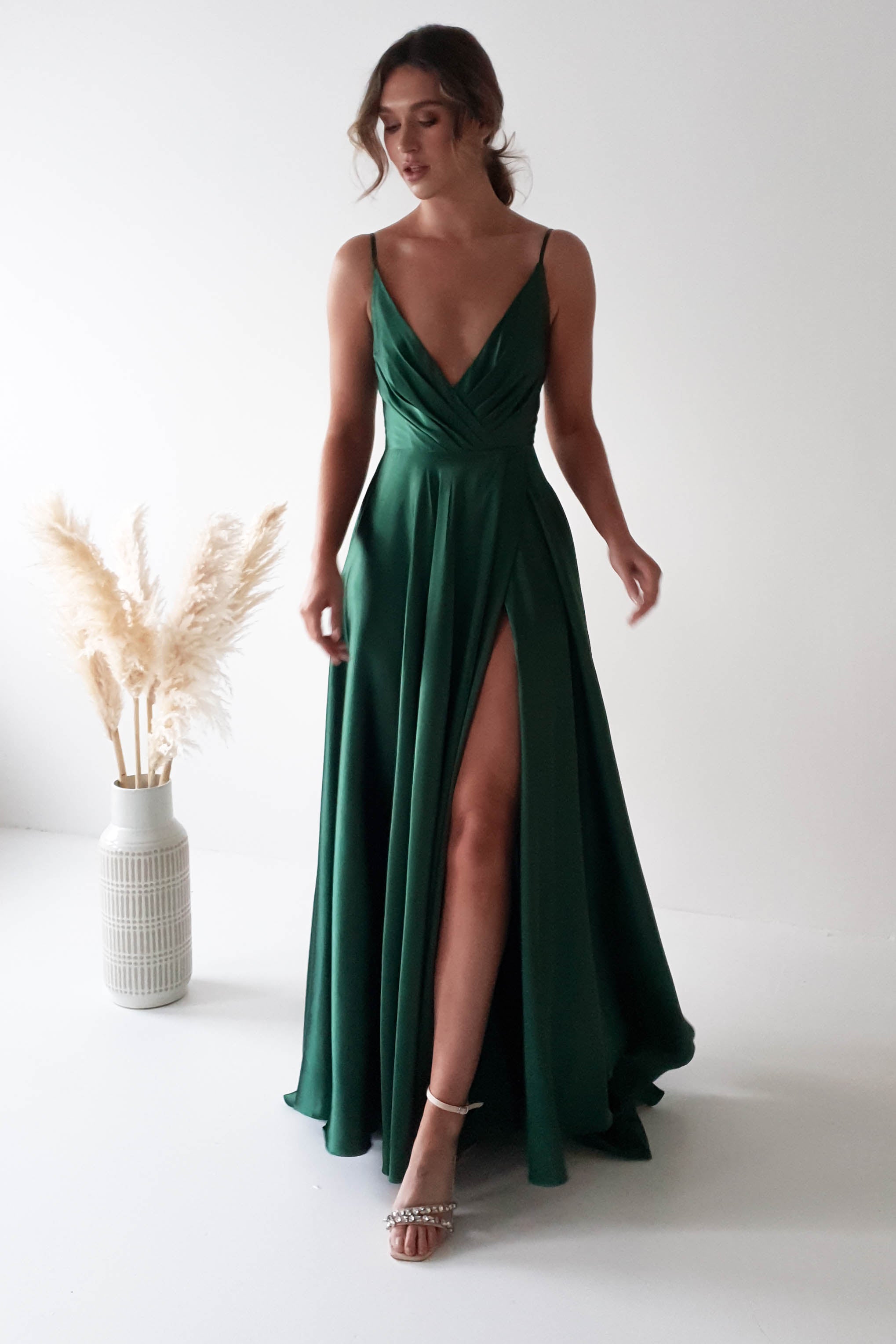 Jossa satin A line full skirt ballgown prom dress - green – Deja