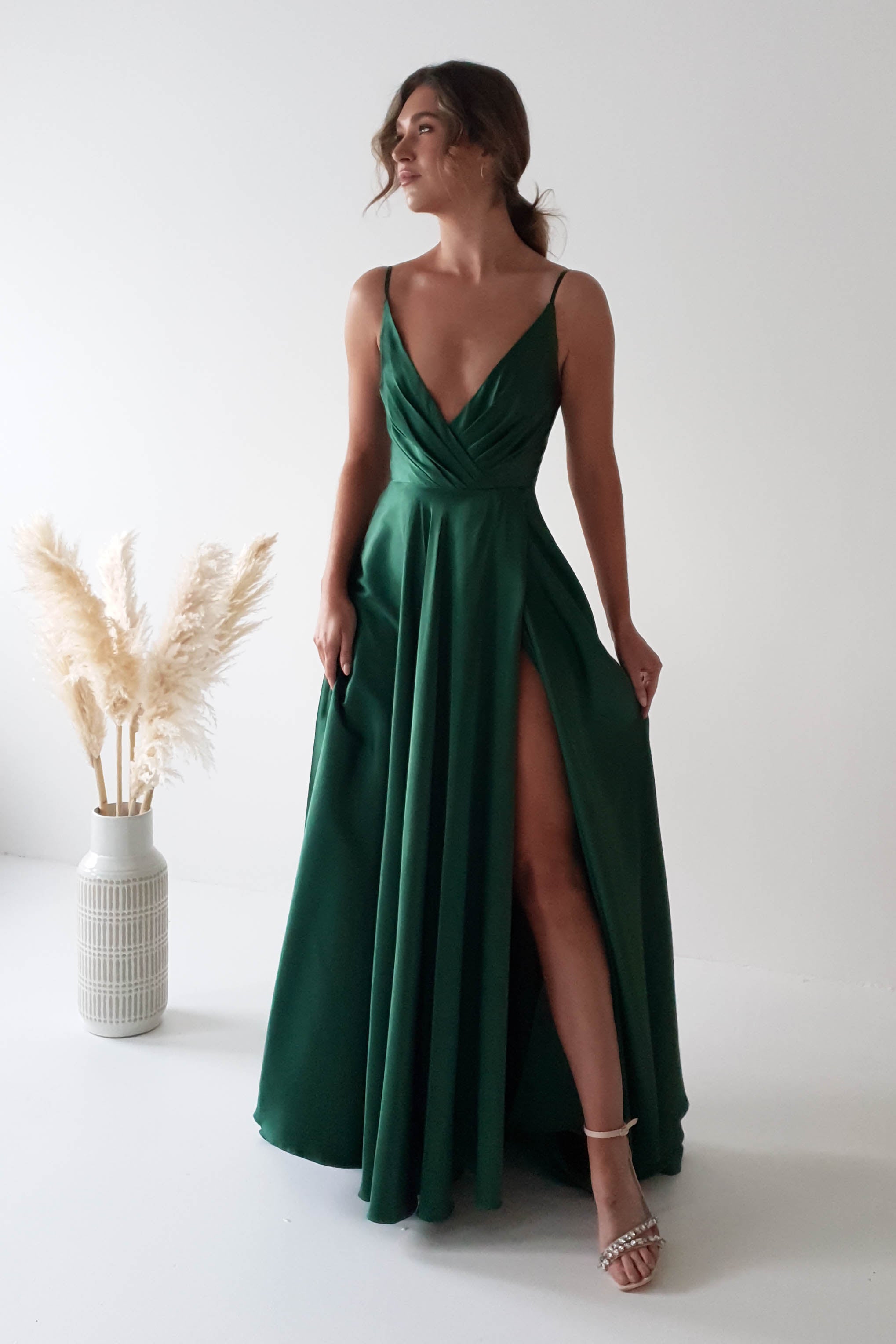 Velia Satin Maxi Gown | Emerald Green