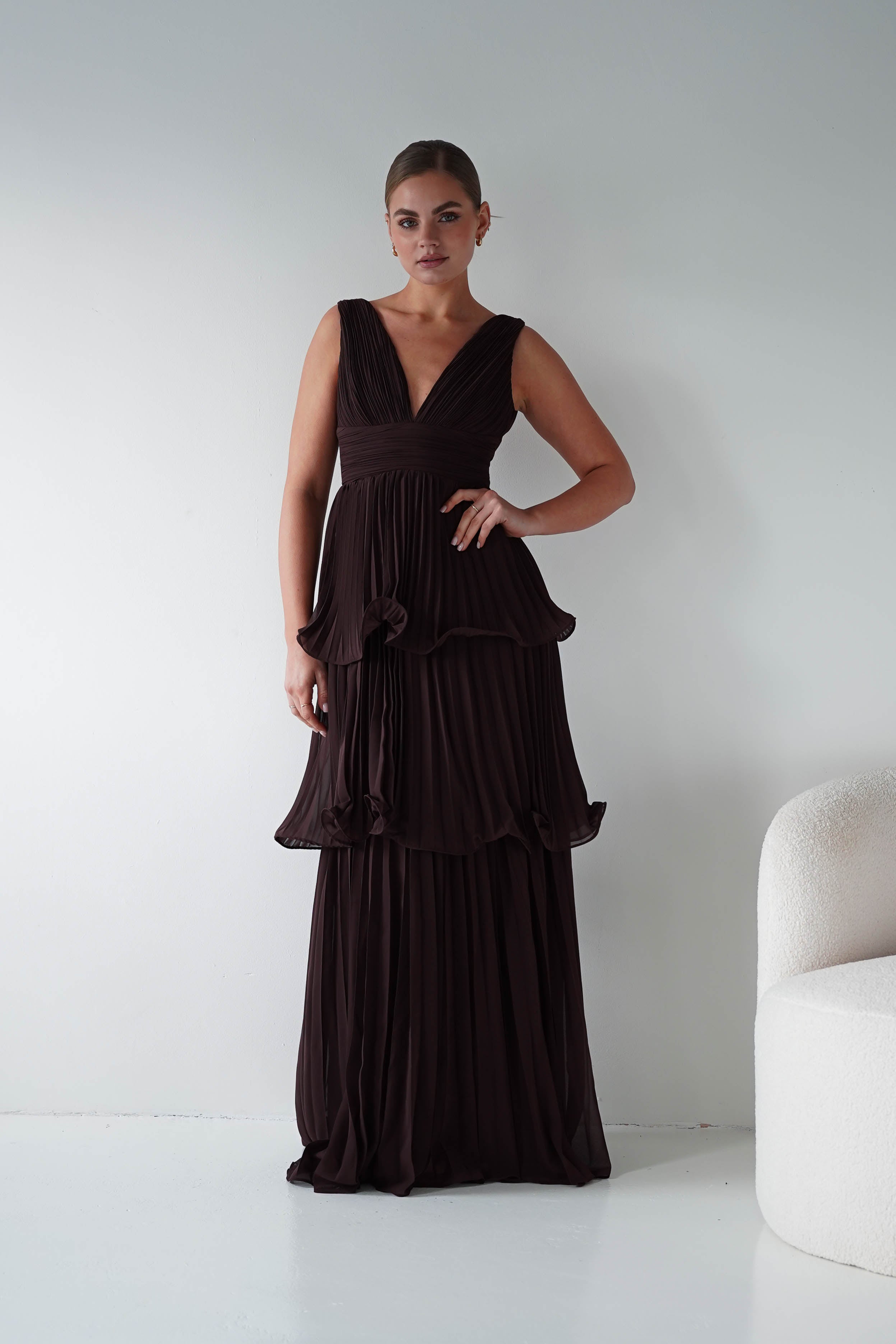 Oh Hello Clothing Women > Clothing > Dresses Vina Tiered Pleated Layered Maxi Dress | Chocolate