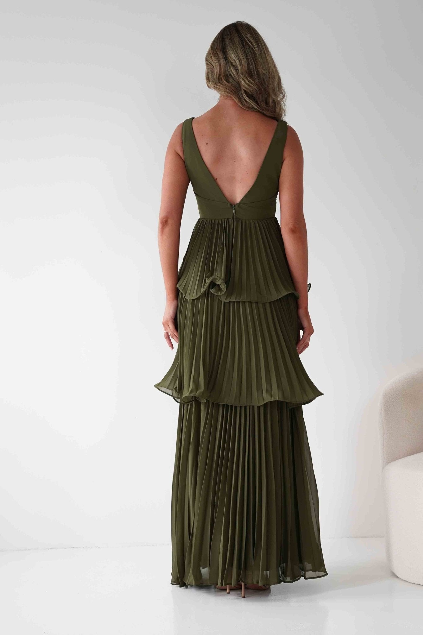 Vina Tiered Pleated Layered Maxi Dress | Dark Olive | Oh Hello Clothing | S (8)
