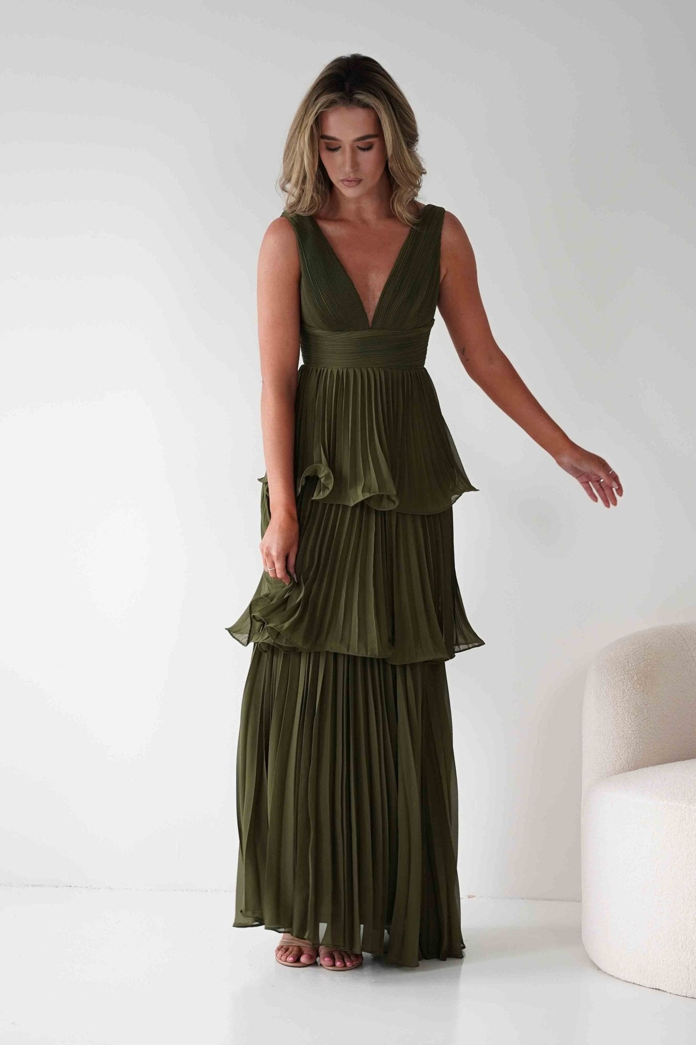Vina Tiered Pleated Layered Maxi Dress Dark Olive | Wedding Guest