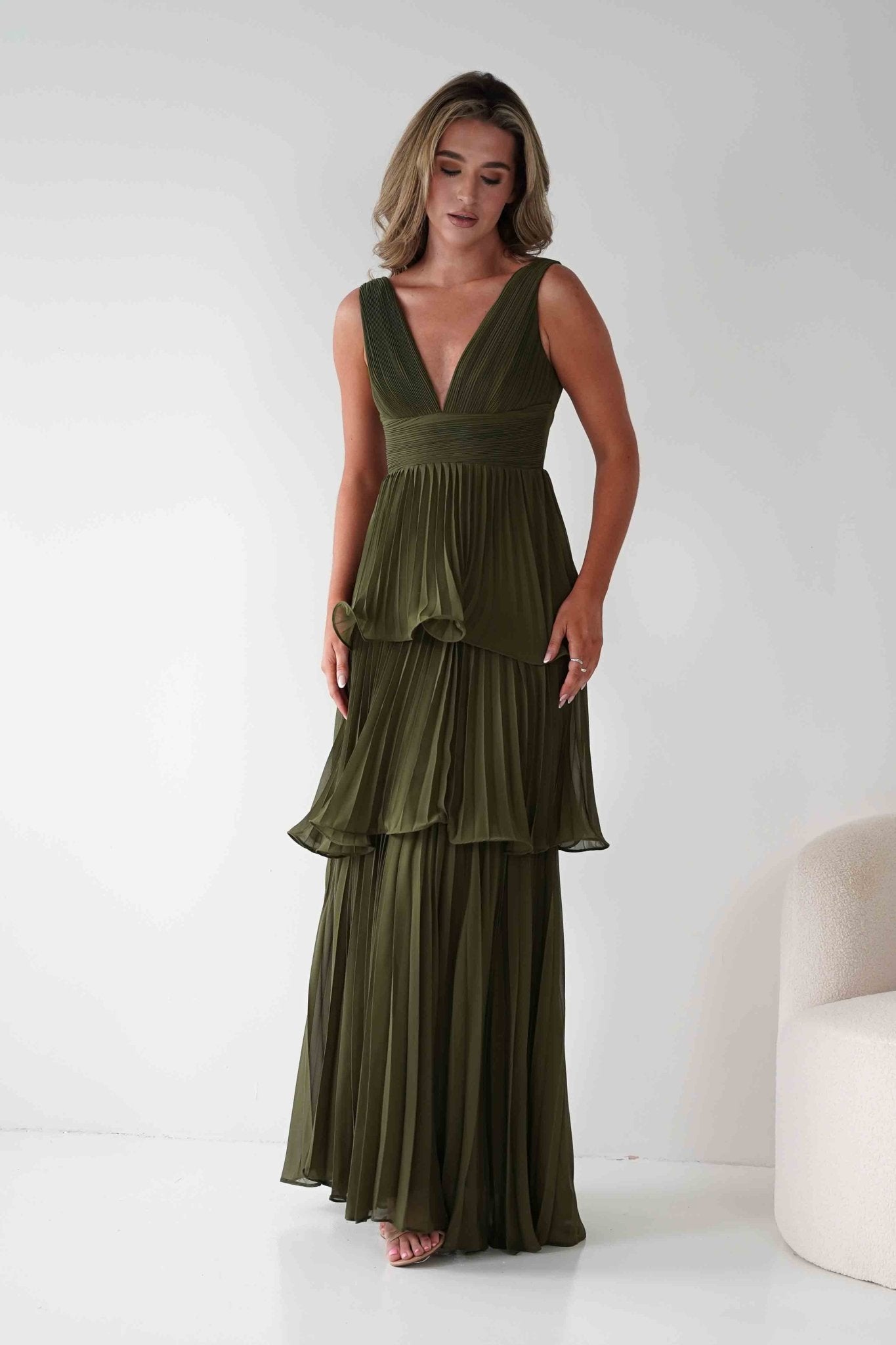 Vina Tiered Pleated Layered Maxi Dress | Dark Olive | Oh Hello Clothing | S (8)