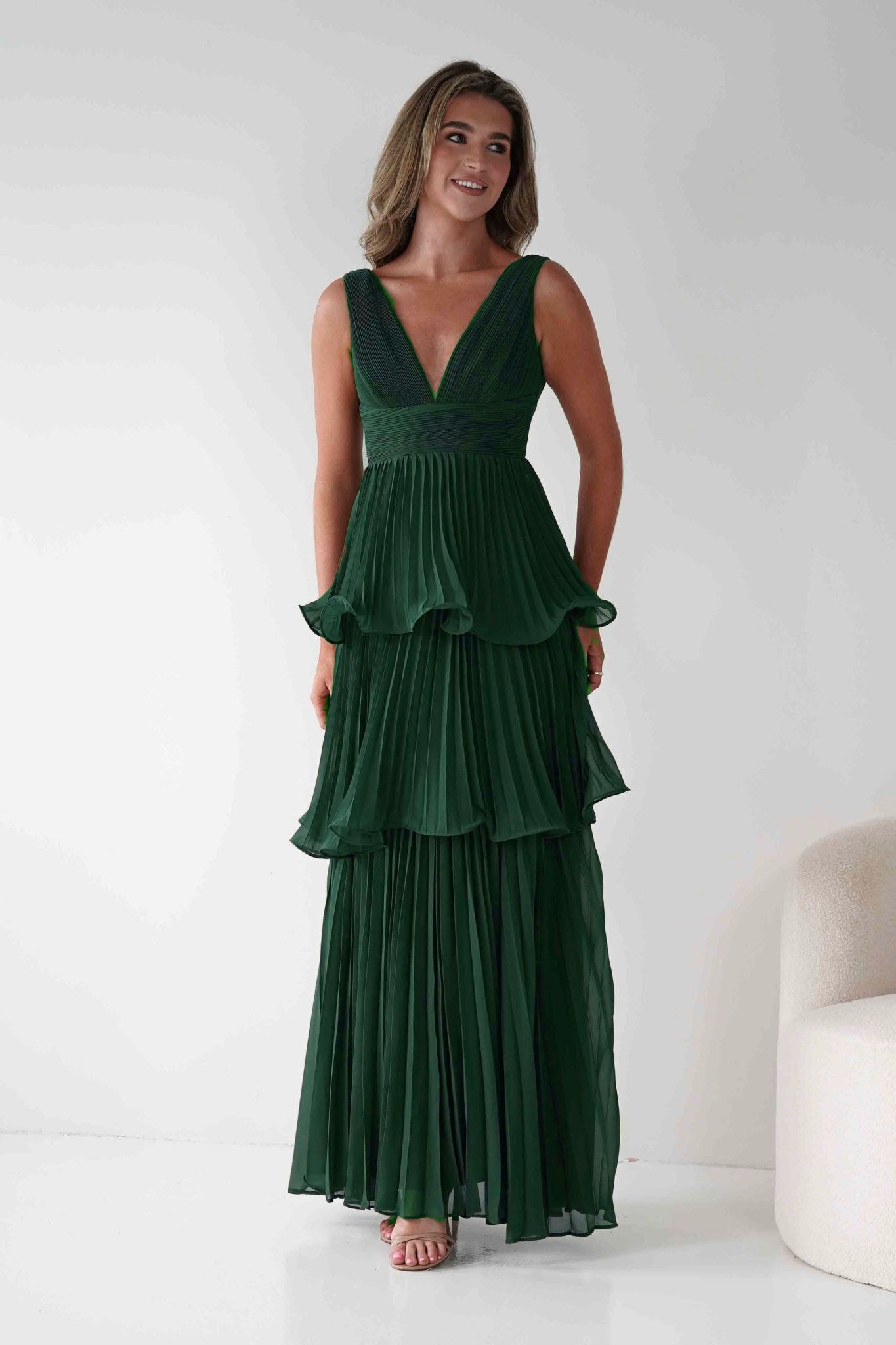 Oh Hello Clothing Dresses Vina Tiered Pleated Layered Maxi Dress | Forest Green