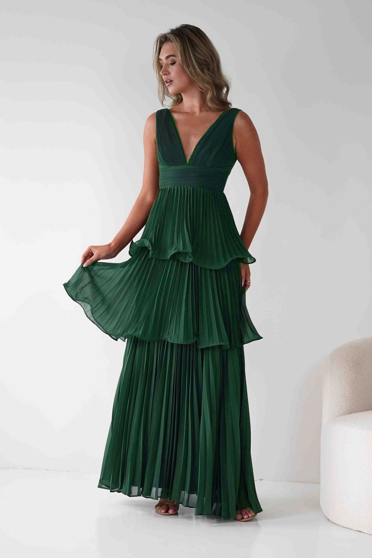 Vina Tiered Pleated Layered Maxi Dress Green | Wedding Guest Dress