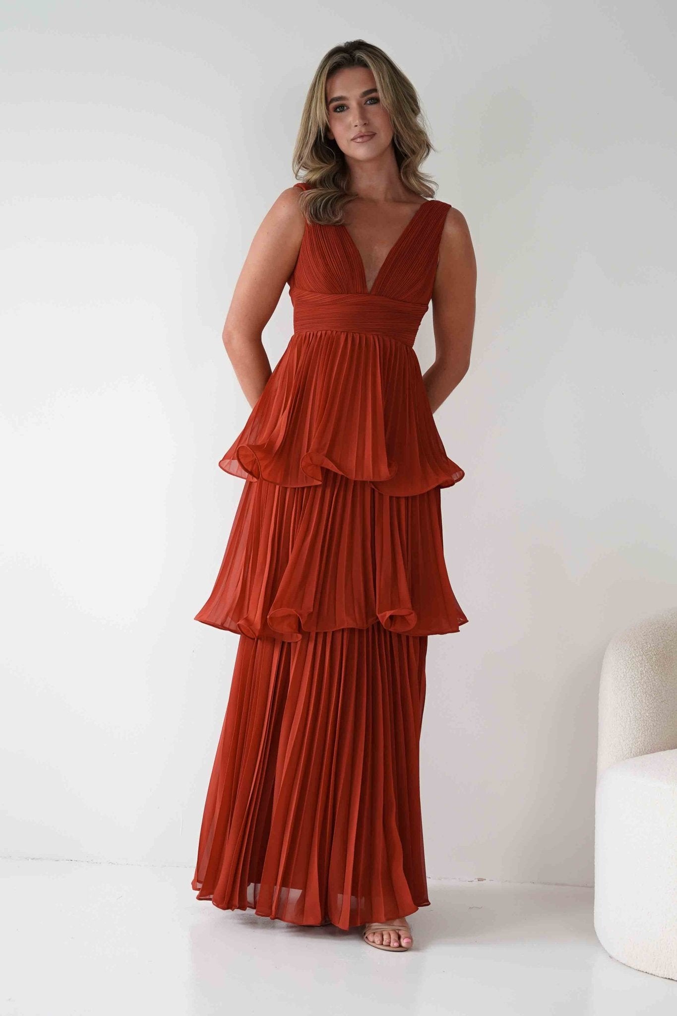 Vina Tiered Pleated Layered Maxi Dress | Rust | Oh Hello Clothing | S (8)