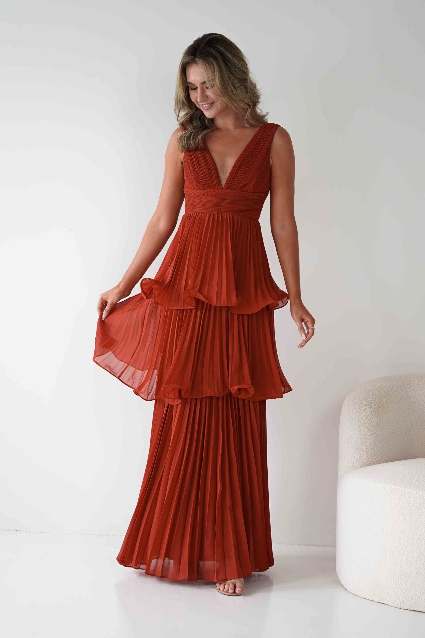 Vina Tiered Pleated Layered Maxi Dress | Rust | Oh Hello Clothing | S (8)