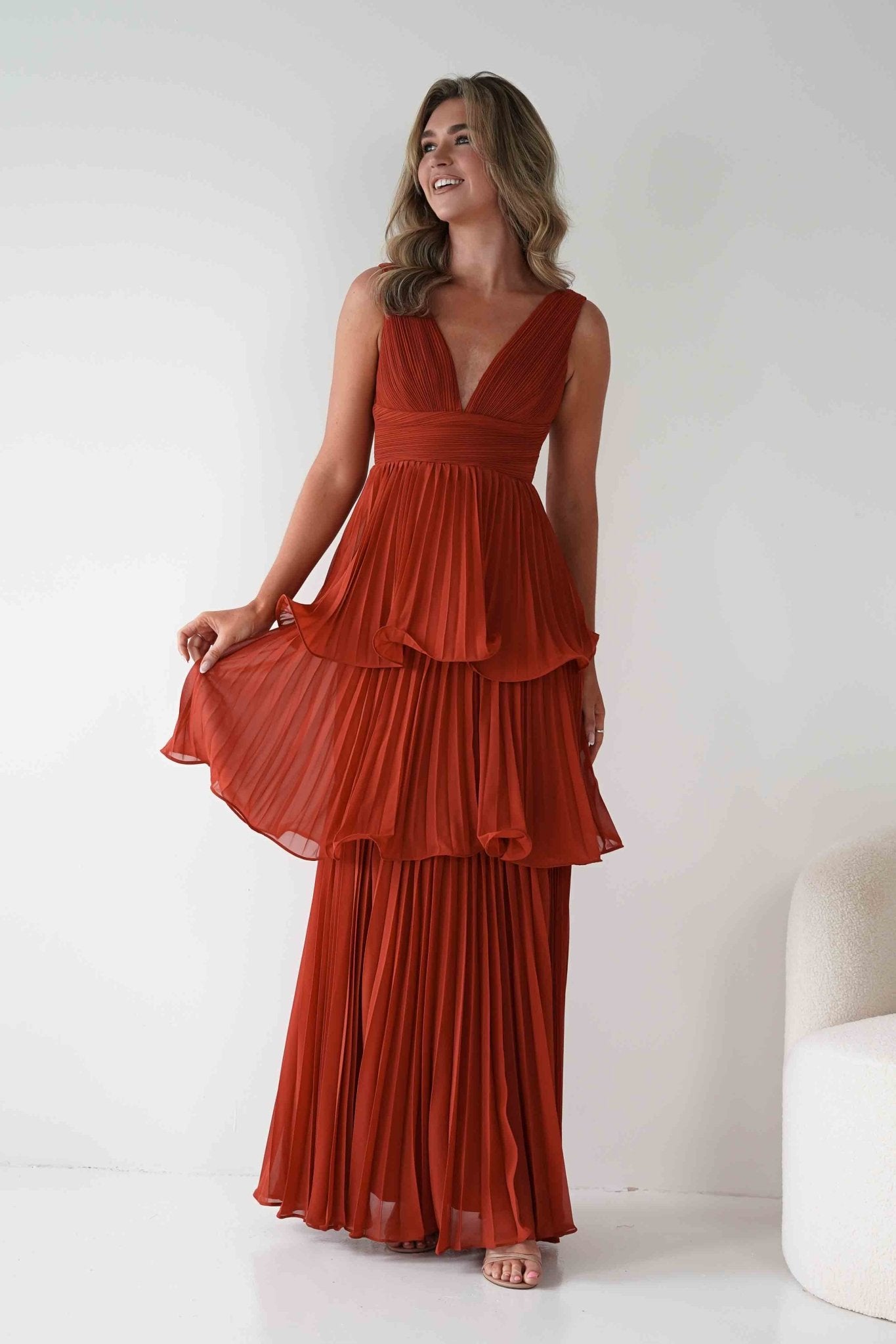 Vina Tiered Pleated Layered Maxi Dress | Rust | Oh Hello Clothing | S (8)
