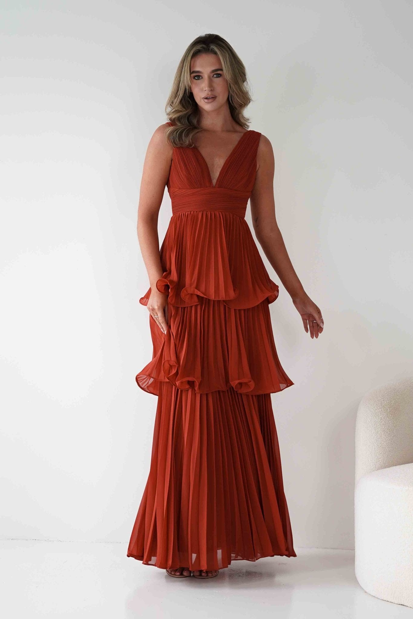 Vina Tiered Pleated Layered Maxi Dress | Rust | Oh Hello Clothing | S (8)