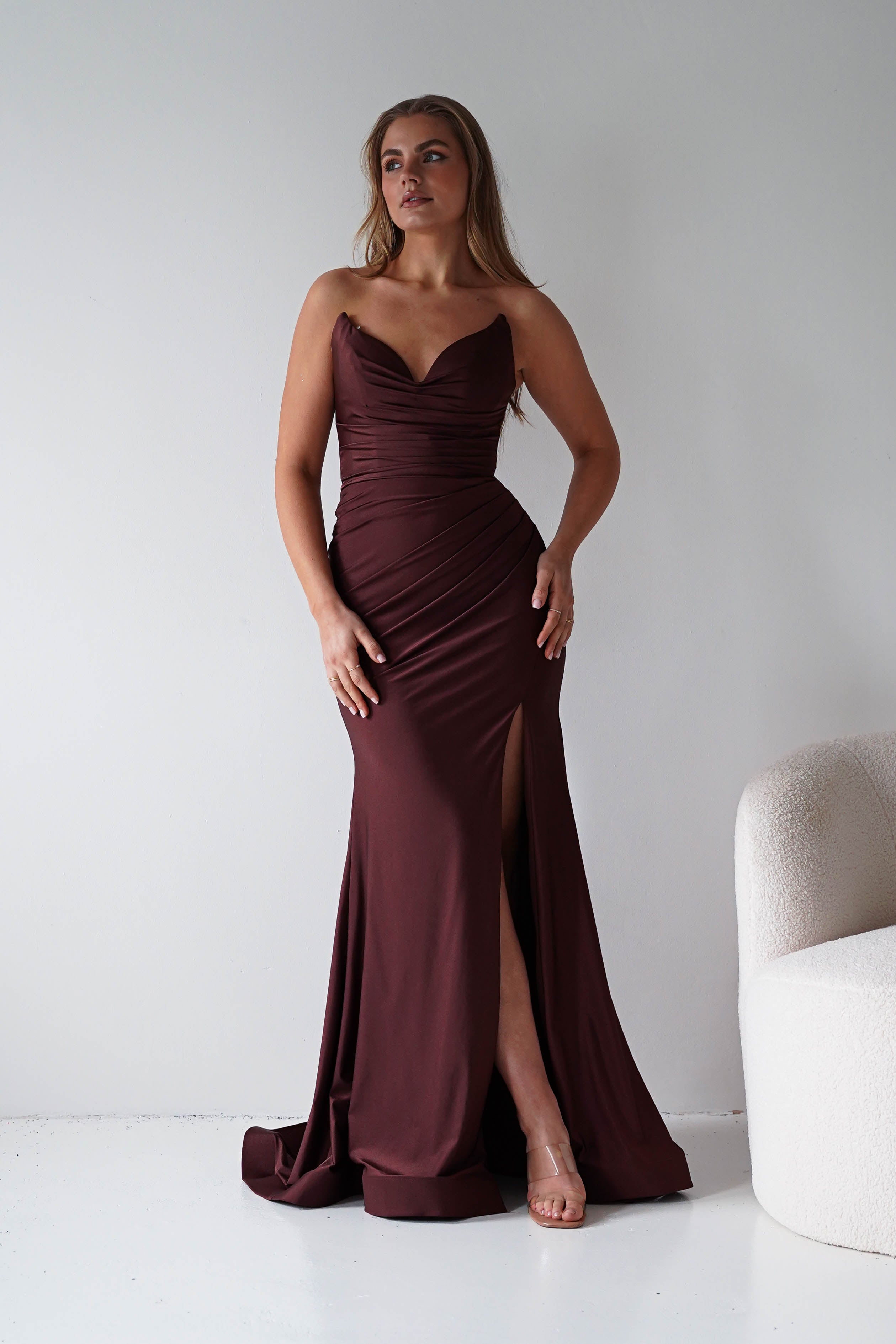 Oh Hello Clothing Dresses > Prom Dresses Visenta Ruched Bodice Strapless Gown | Espresso