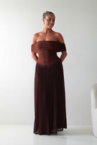 Oh Hello Clothing Dresses Whitney Pleated Off The Shoulder Maxi Dress | Brown