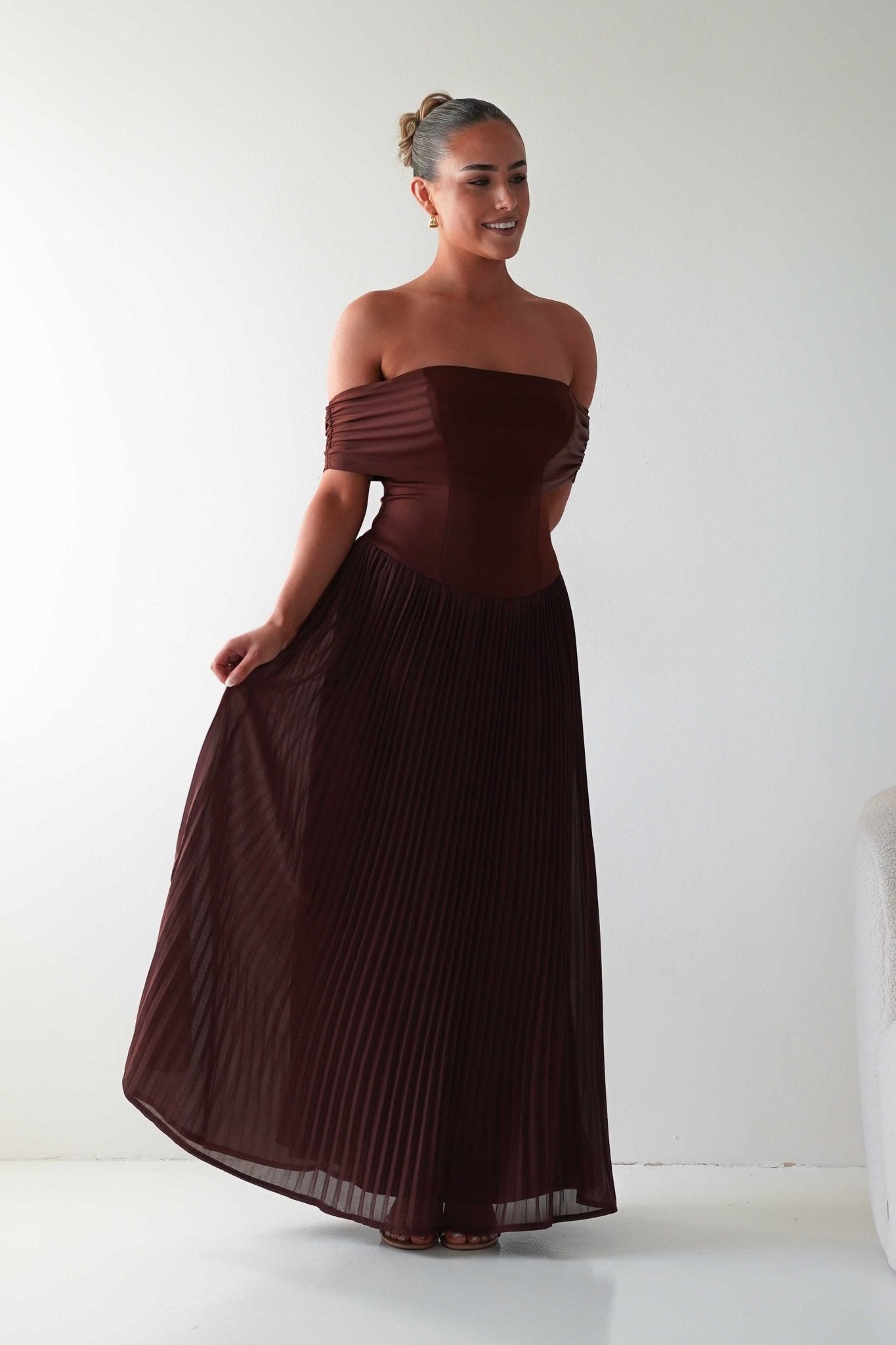 Oh Hello Clothing Dresses Whitney Pleated Off The Shoulder Maxi Dress | Brown