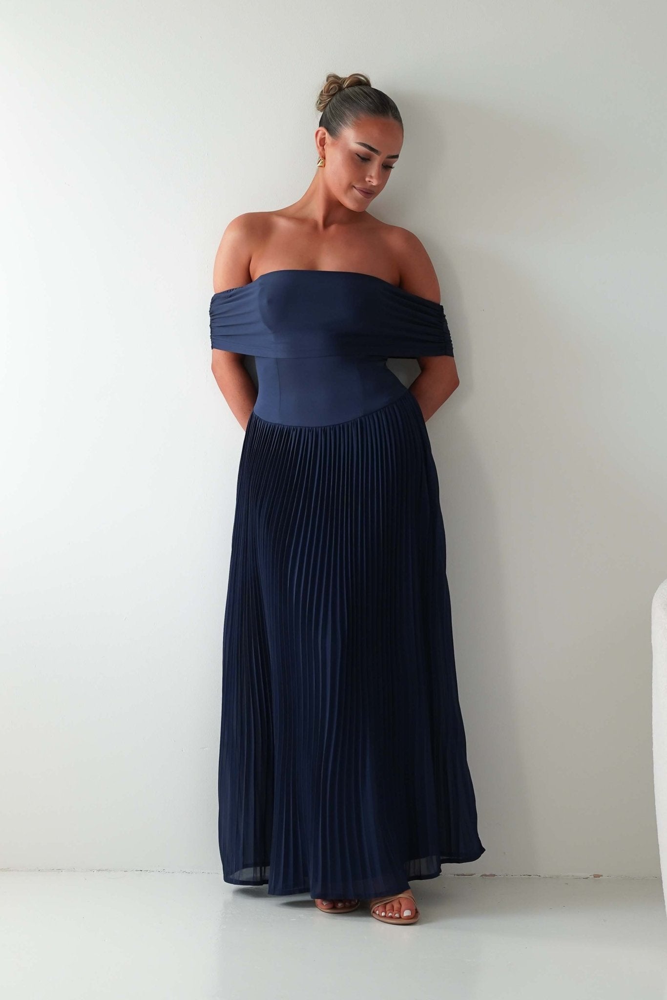 Oh Hello Clothing Dresses Whitney Pleated Off The Shoulder Maxi Dress | Navy