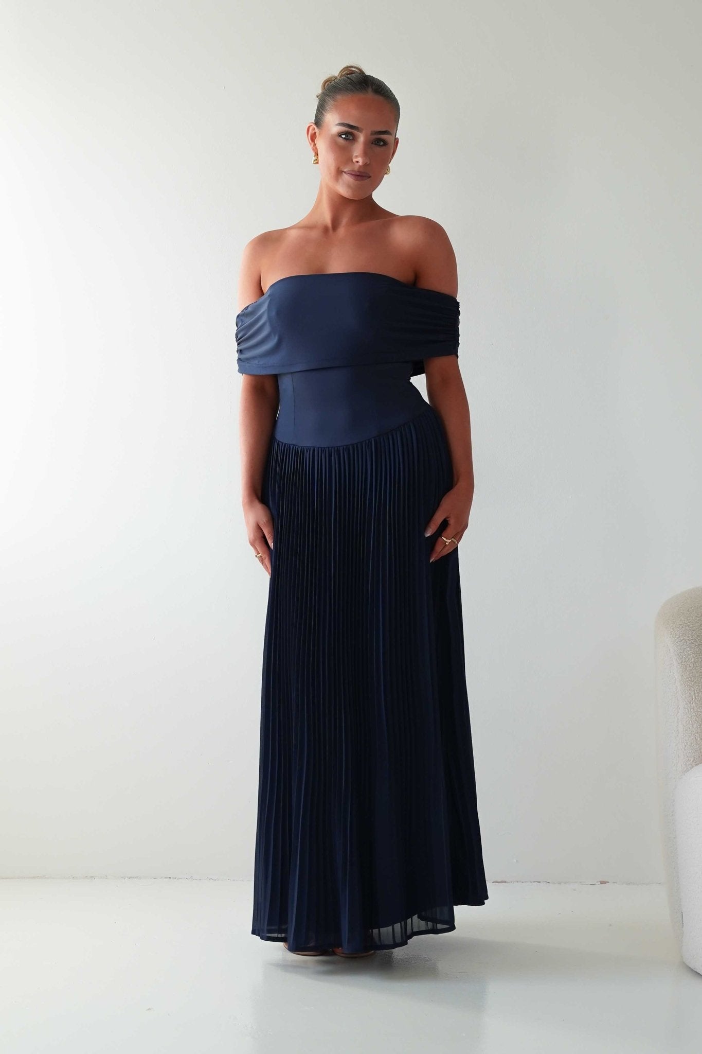 Oh Hello Clothing Dresses Whitney Pleated Off The Shoulder Maxi Dress | Navy