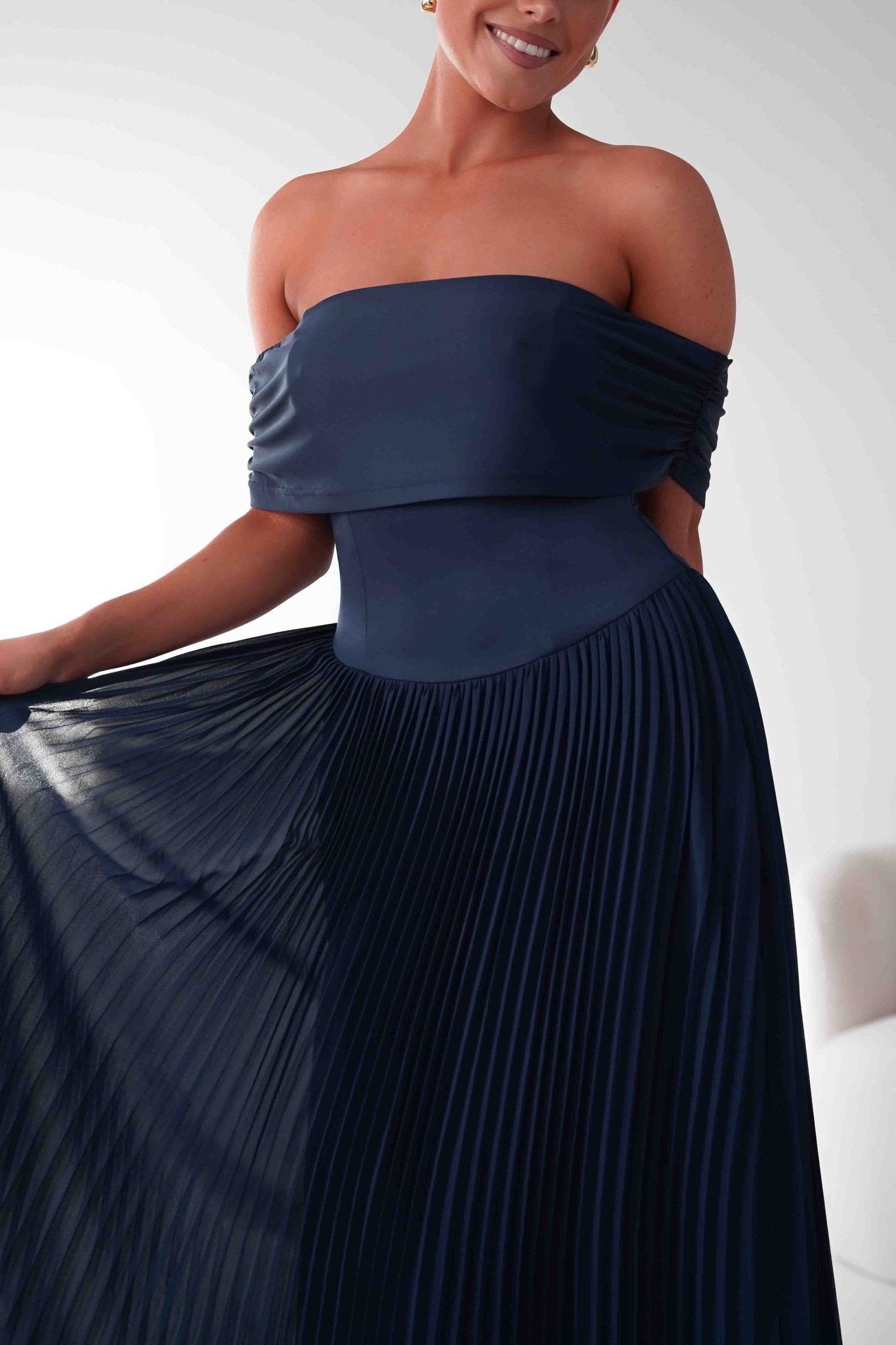 Oh Hello Clothing Dresses Whitney Pleated Off The Shoulder Maxi Dress | Navy
