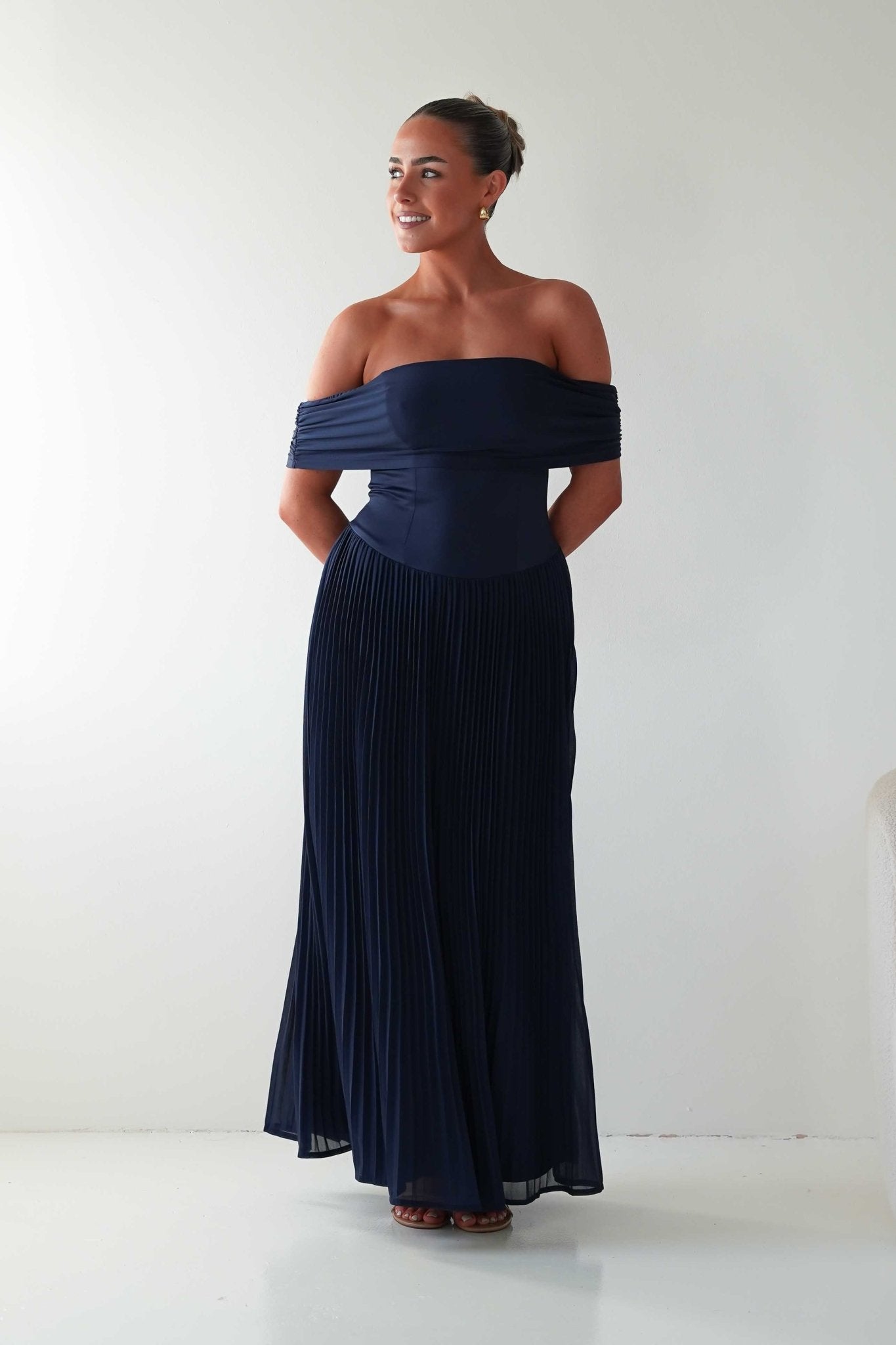 Oh Hello Clothing Dresses Whitney Pleated Off The Shoulder Maxi Dress | Navy