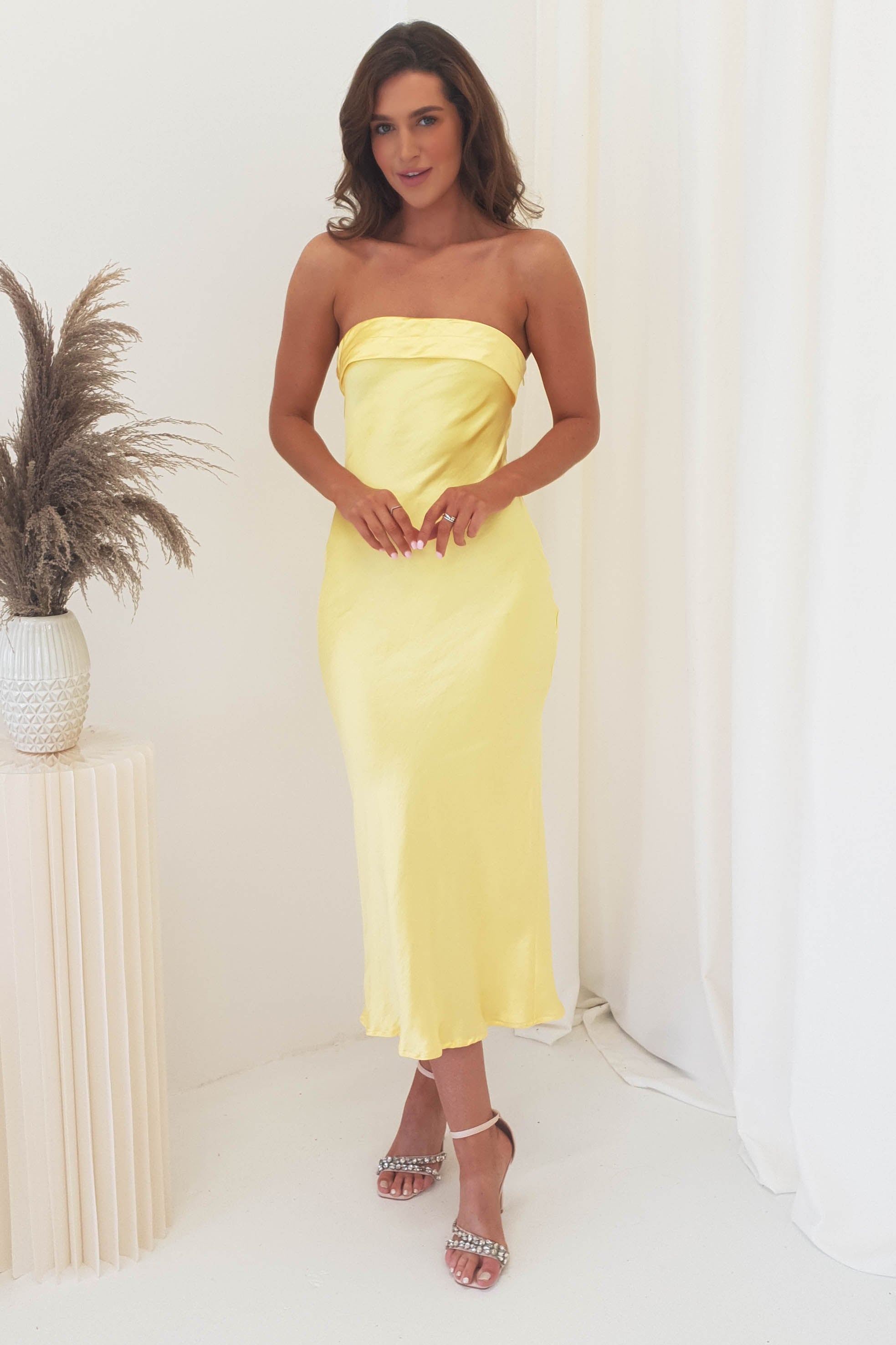 Whitney Satin Strapless Midi Dress | Yellow