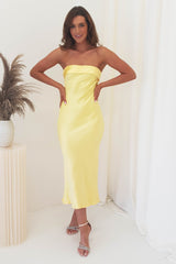 Whitney Satin Strapless Midi Dress | Yellow