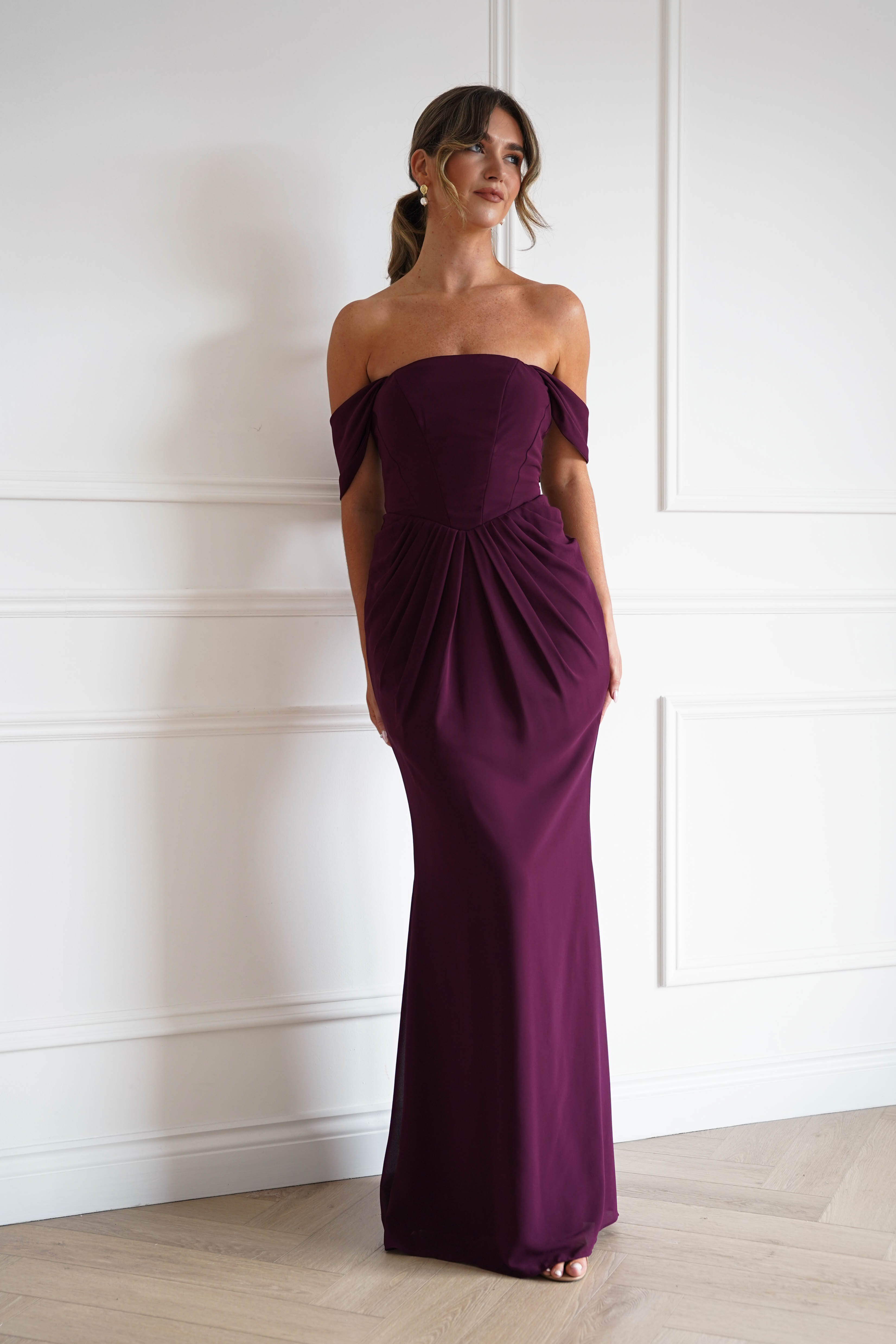 Oh Hello Clothing Women > Clothing > Dresses Willow Bardot Draped Maxi Dress | Wine