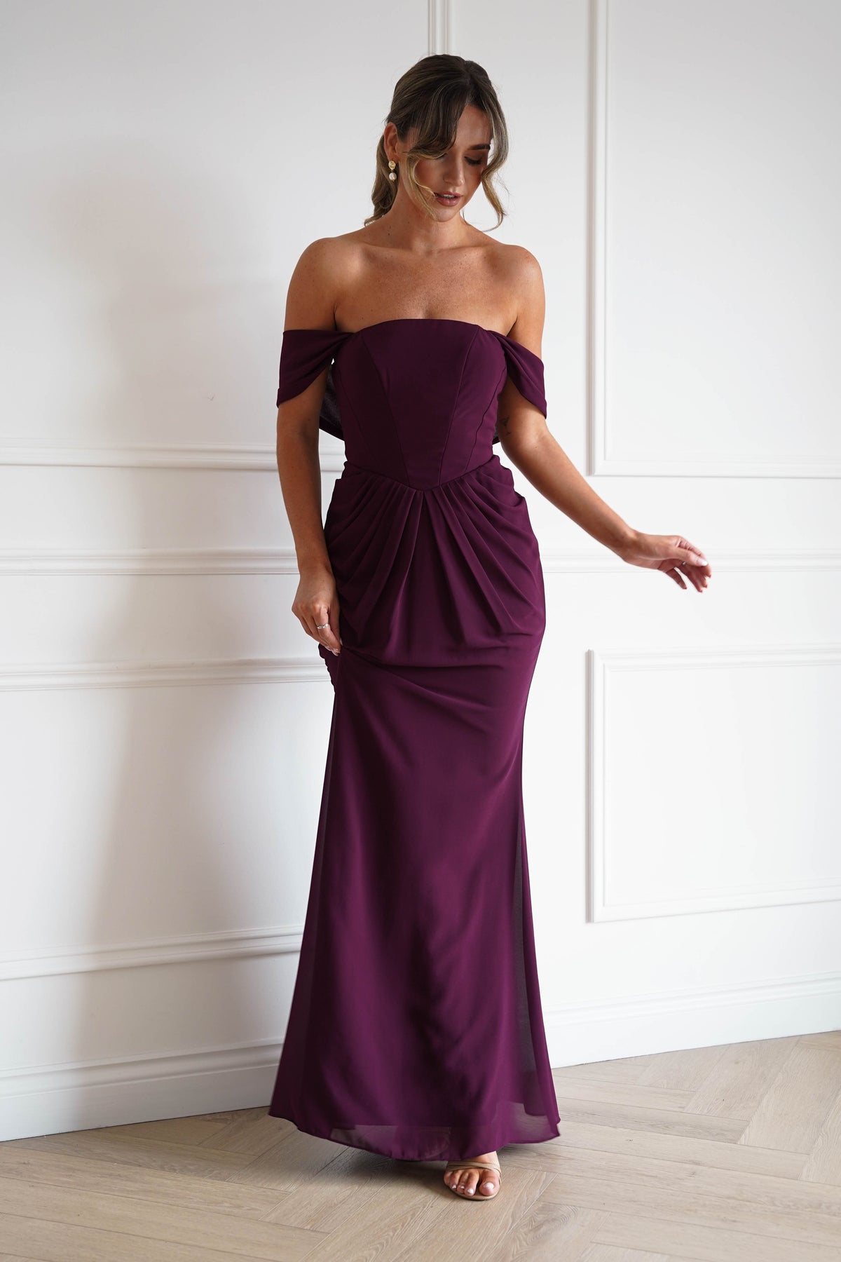 Oh Hello Clothing Women > Clothing > Dresses Willow Bardot Draped Maxi Dress | Wine