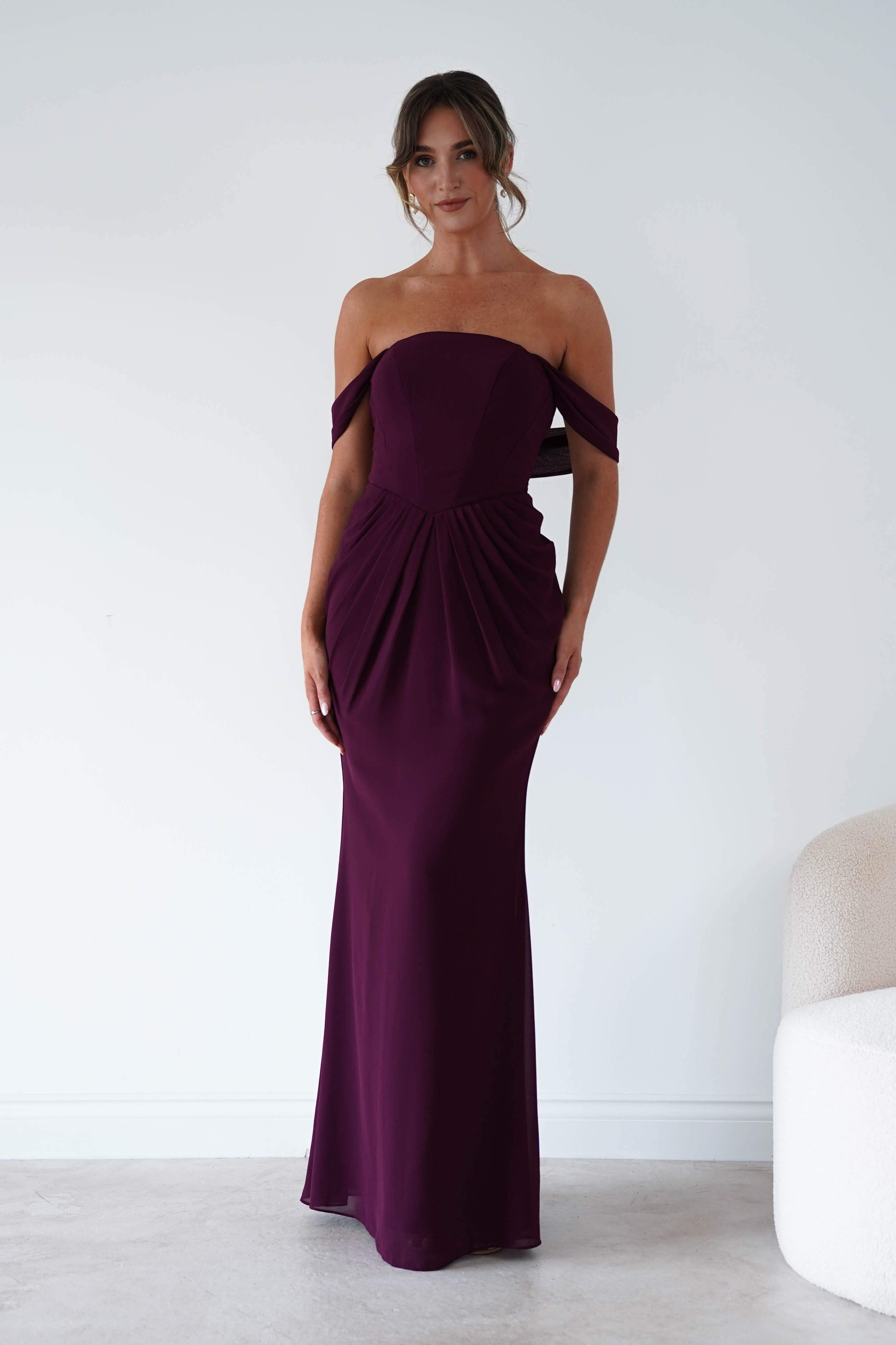 Oh Hello Clothing Women > Clothing > Dresses Willow Bardot Draped Maxi Dress | Wine