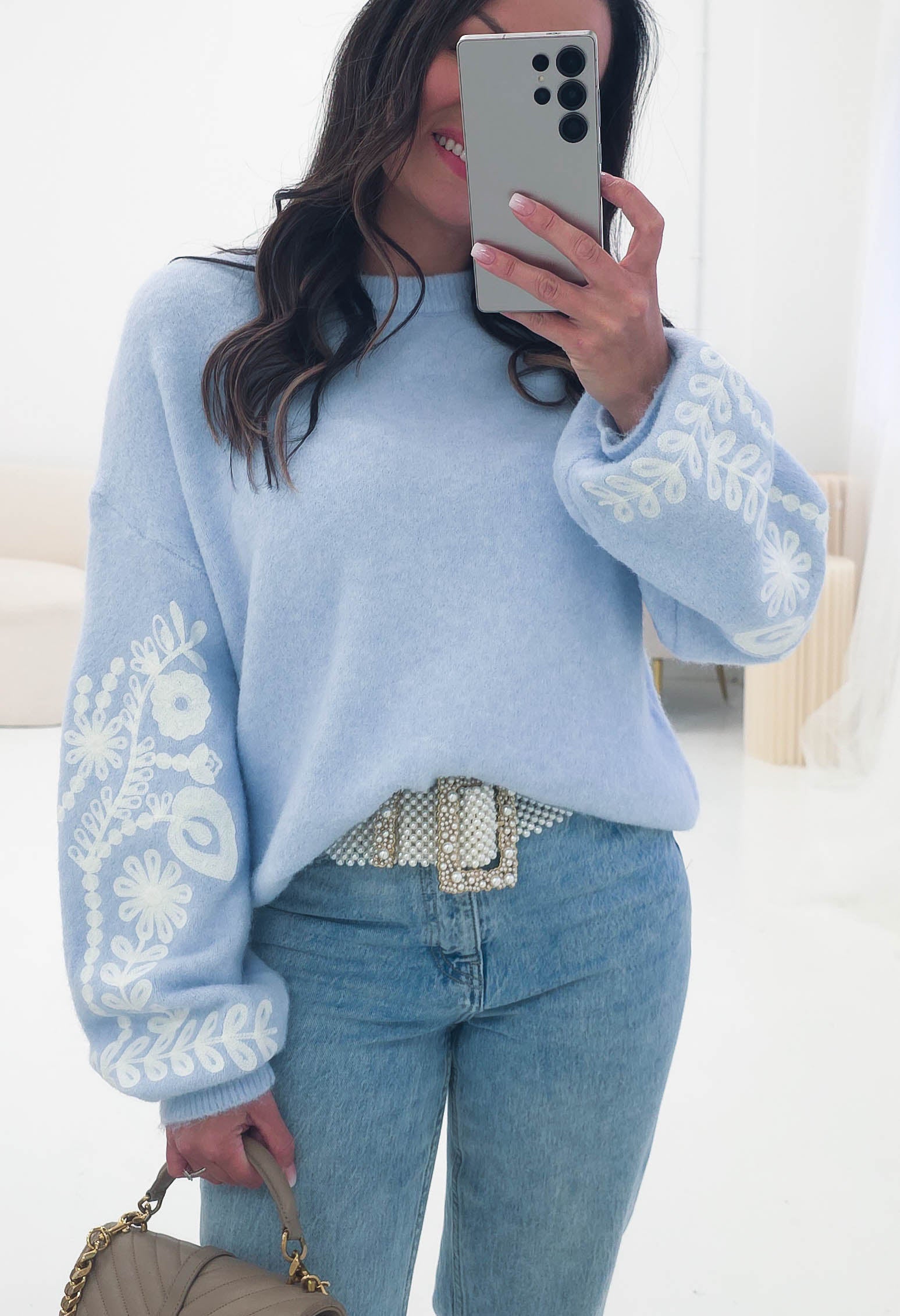 Oh Hello Clothing Women > Clothing > Knitwear ONE SIZE (6/12) Zaya Embroidered Sleeve Knit Jumper | Blue