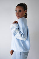 Oh Hello Clothing Women > Clothing > Knitwear ONE SIZE (6/12) Zaya Embroidered Sleeve Knit Jumper | Blue