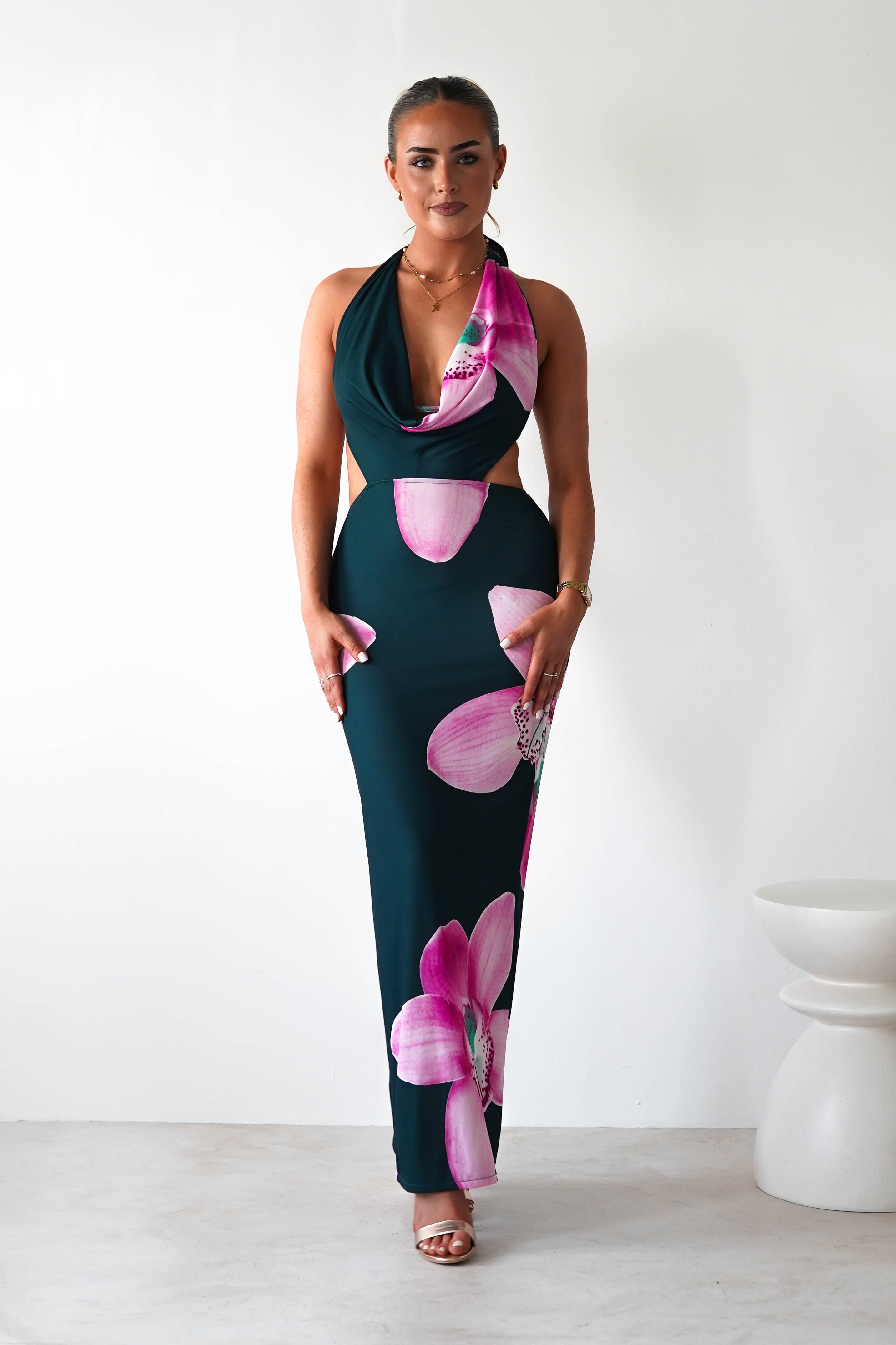 Zinnia Cut Out Bodycon Maxi | Green/Floral | Oh Hello Clothing | S/M (6 - 8)