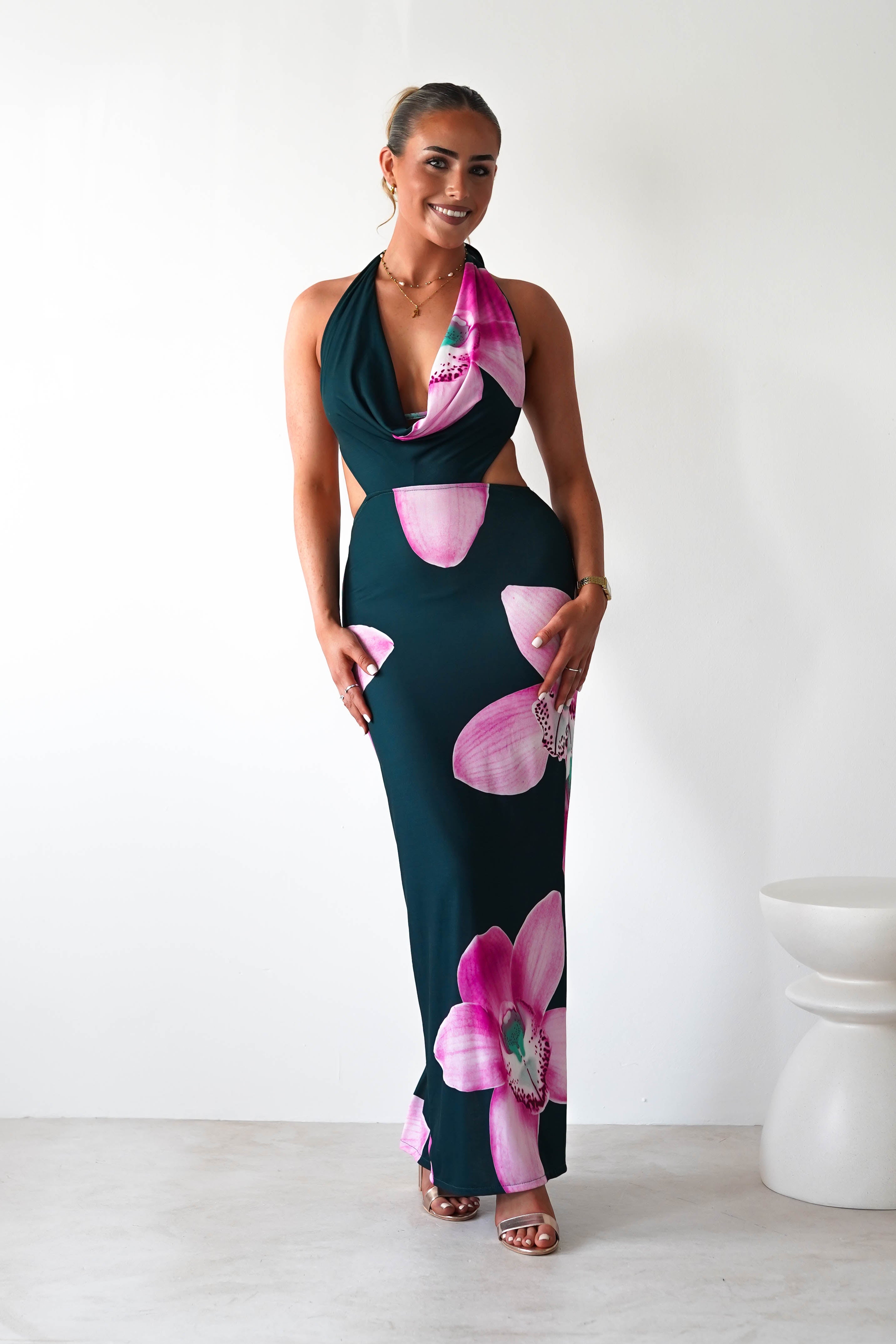 Zinnia Cut Out Bodycon Maxi | Green/Floral | Oh Hello Clothing | S/M (6 - 8)