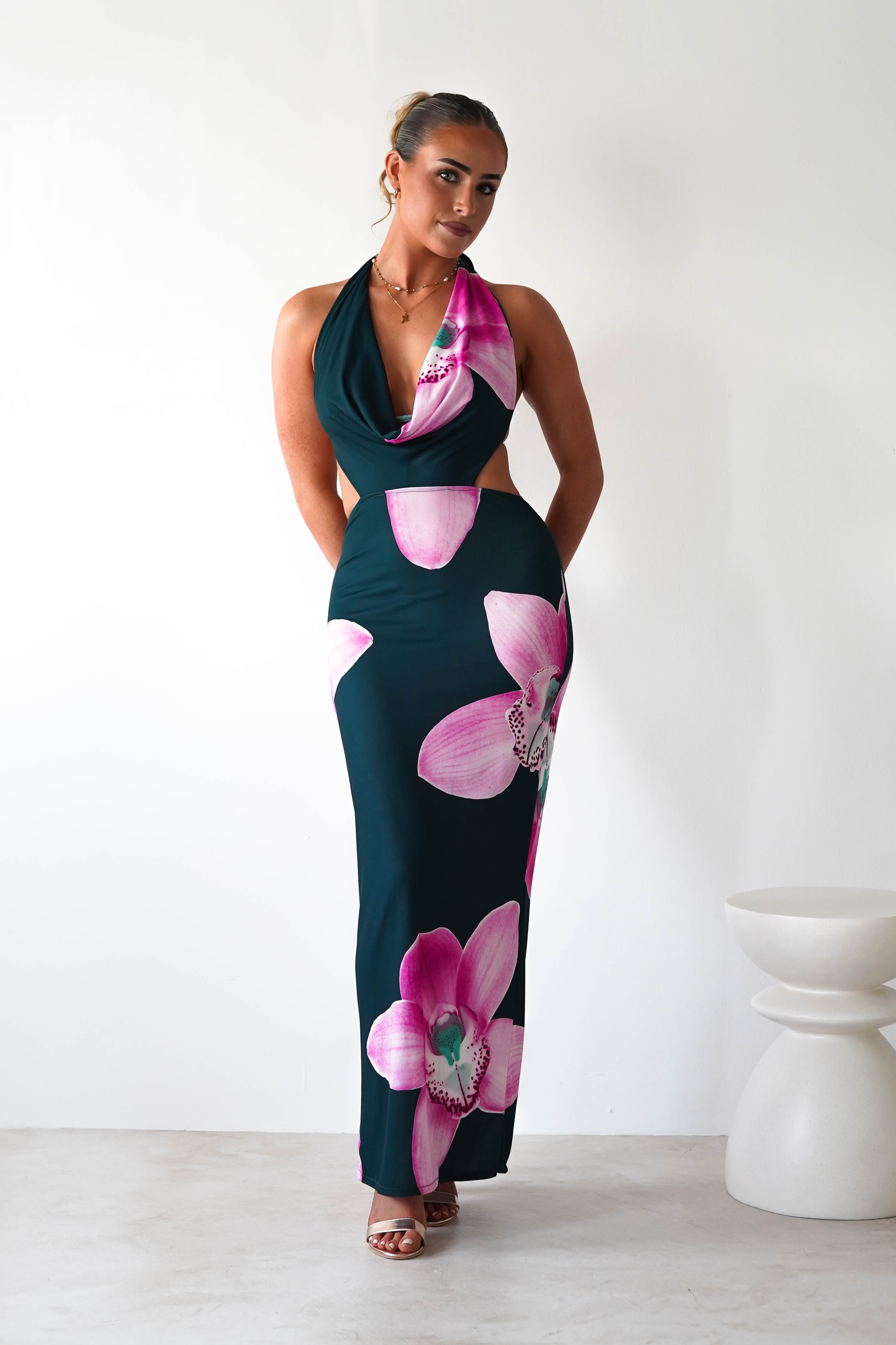 Zinnia Cut Out Bodycon Maxi | Green/Floral | Oh Hello Clothing | S/M (6 - 8)