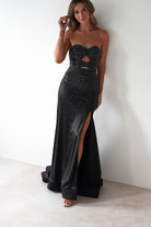 Zohra Cut Out Strapless Rhinestone Gown | Black | Debs & Prom | Formal Gown | Oh Hello Clothing