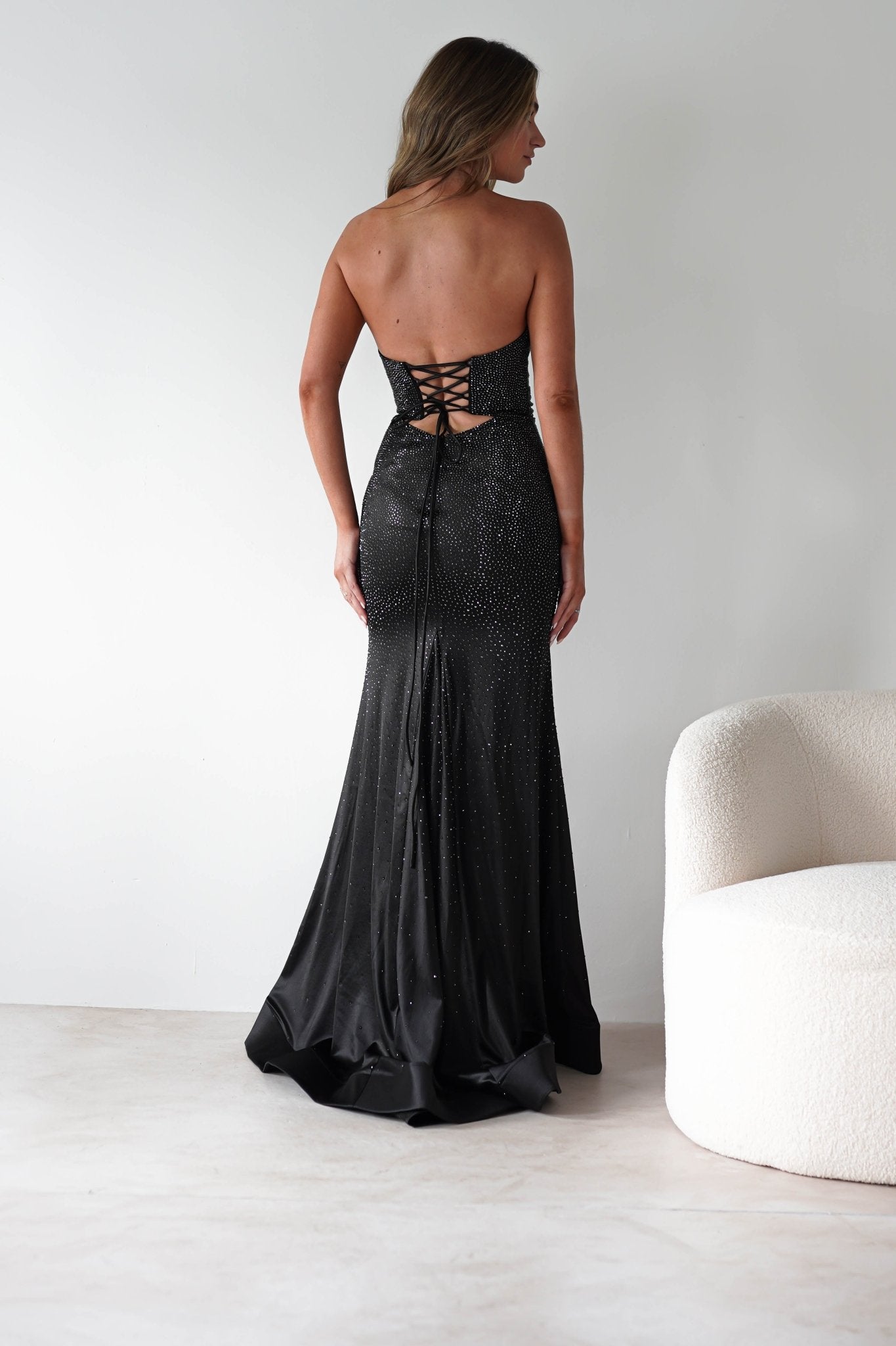 Zohra Cut Out Strapless Rhinestone Gown | Black | Oh Hello Clothing | S (8)