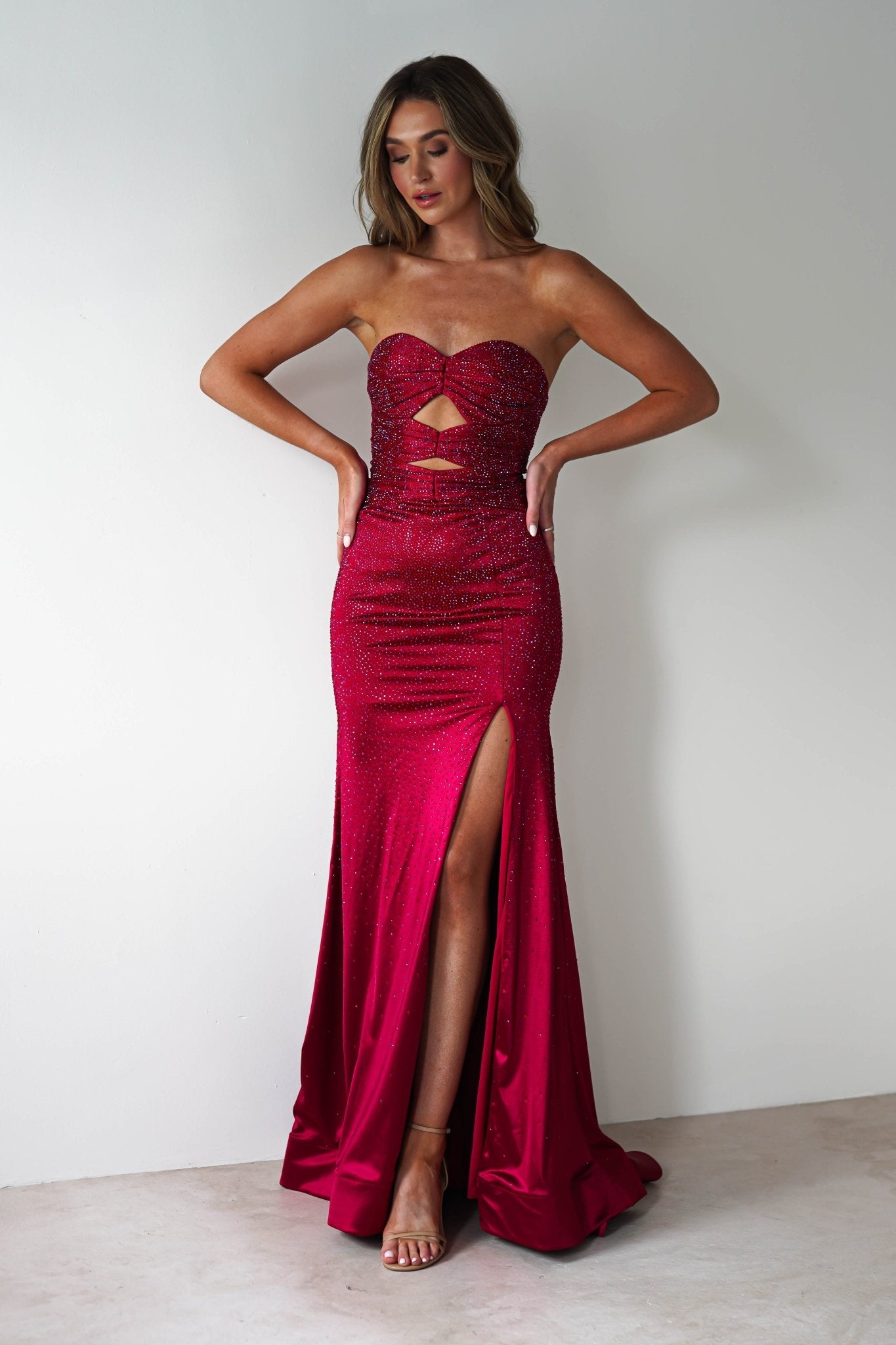 Zohra Cut Out Strapless Rhinestone Gown | Dark Red | Oh Hello Clothing | S (8)